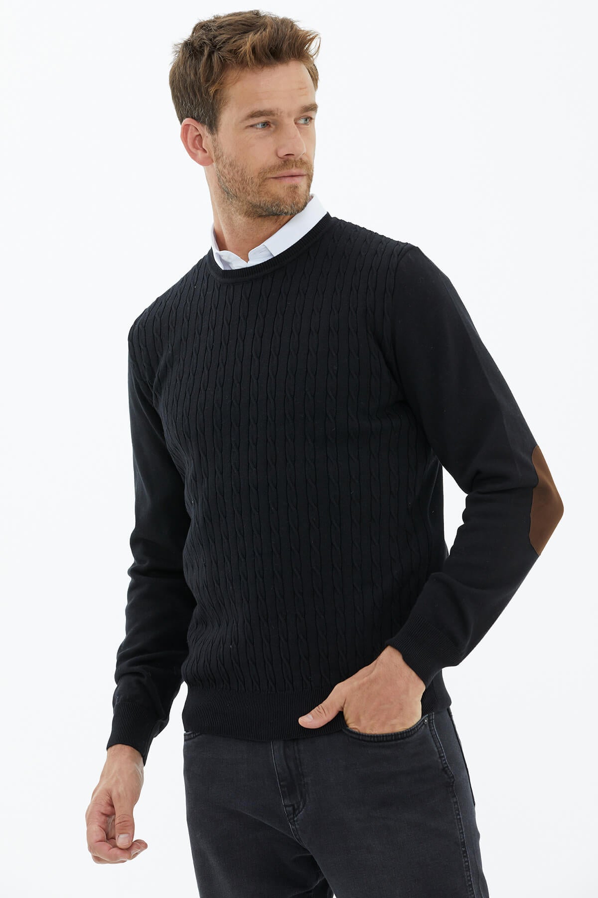 Süet Garnili Saç Örgülü Triko Kazak - Siyah (3) Sementa