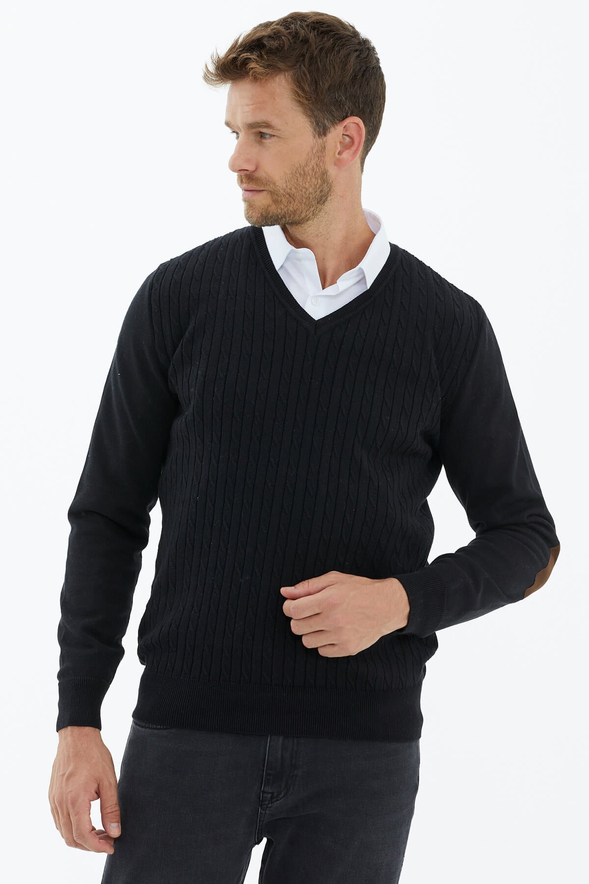 Süet Garnili Saç Örgülü Triko Kazak - Siyah (1) Sementa