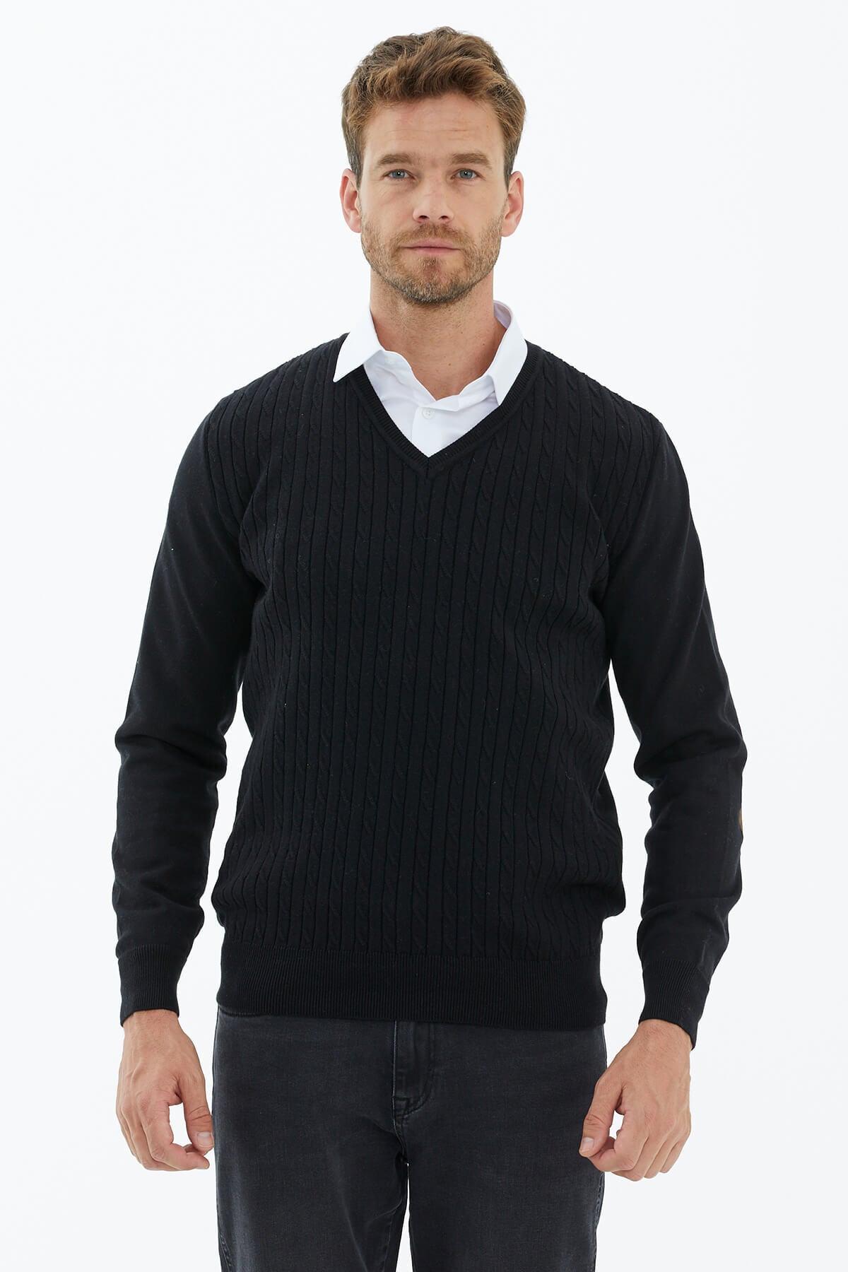 Süet Garnili Saç Örgülü Triko Kazak - Siyah (2) Sementa