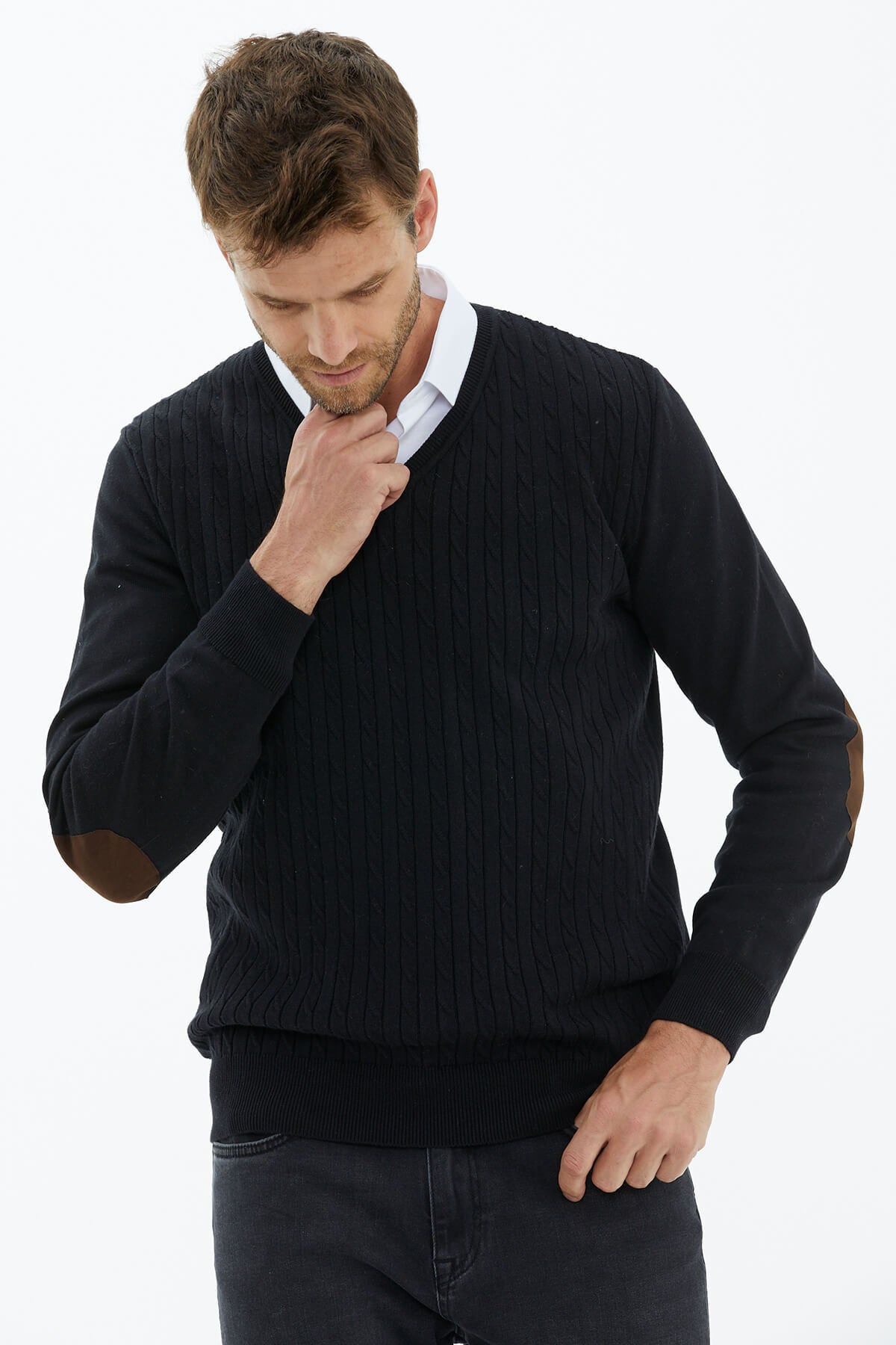 Süet Garnili Saç Örgülü Triko Kazak - Siyah (3) Sementa