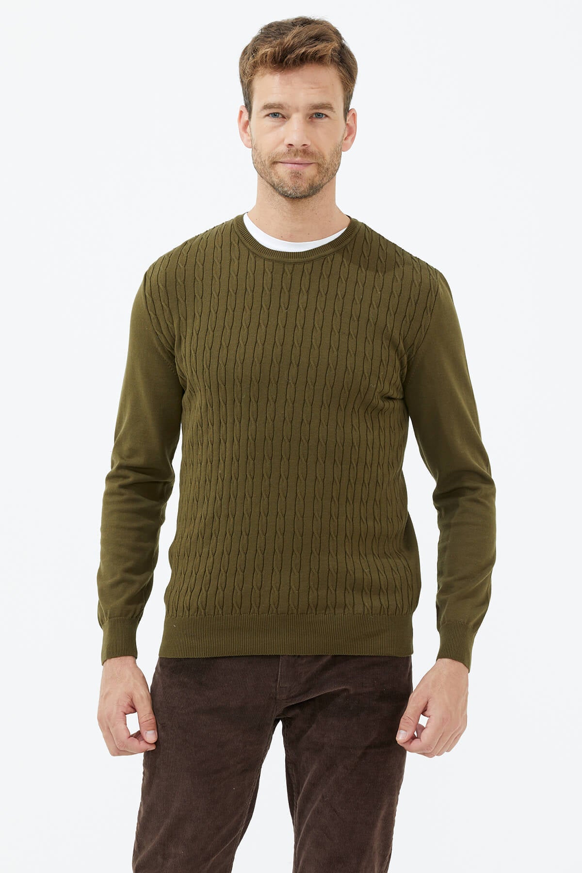 Süet Garnili Saç Örgülü Triko Kazak - Yeşil (1) Sementa