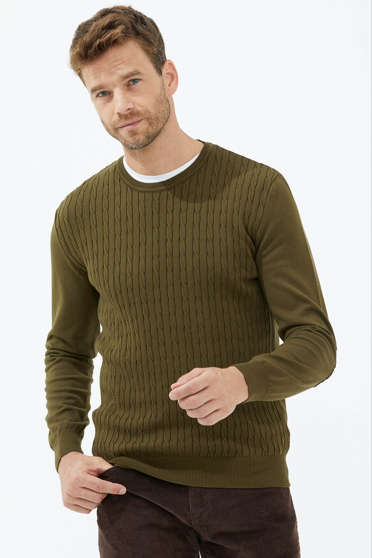 Süet Garnili Saç Örgülü Triko Kazak - Yeşil (2) Sementa