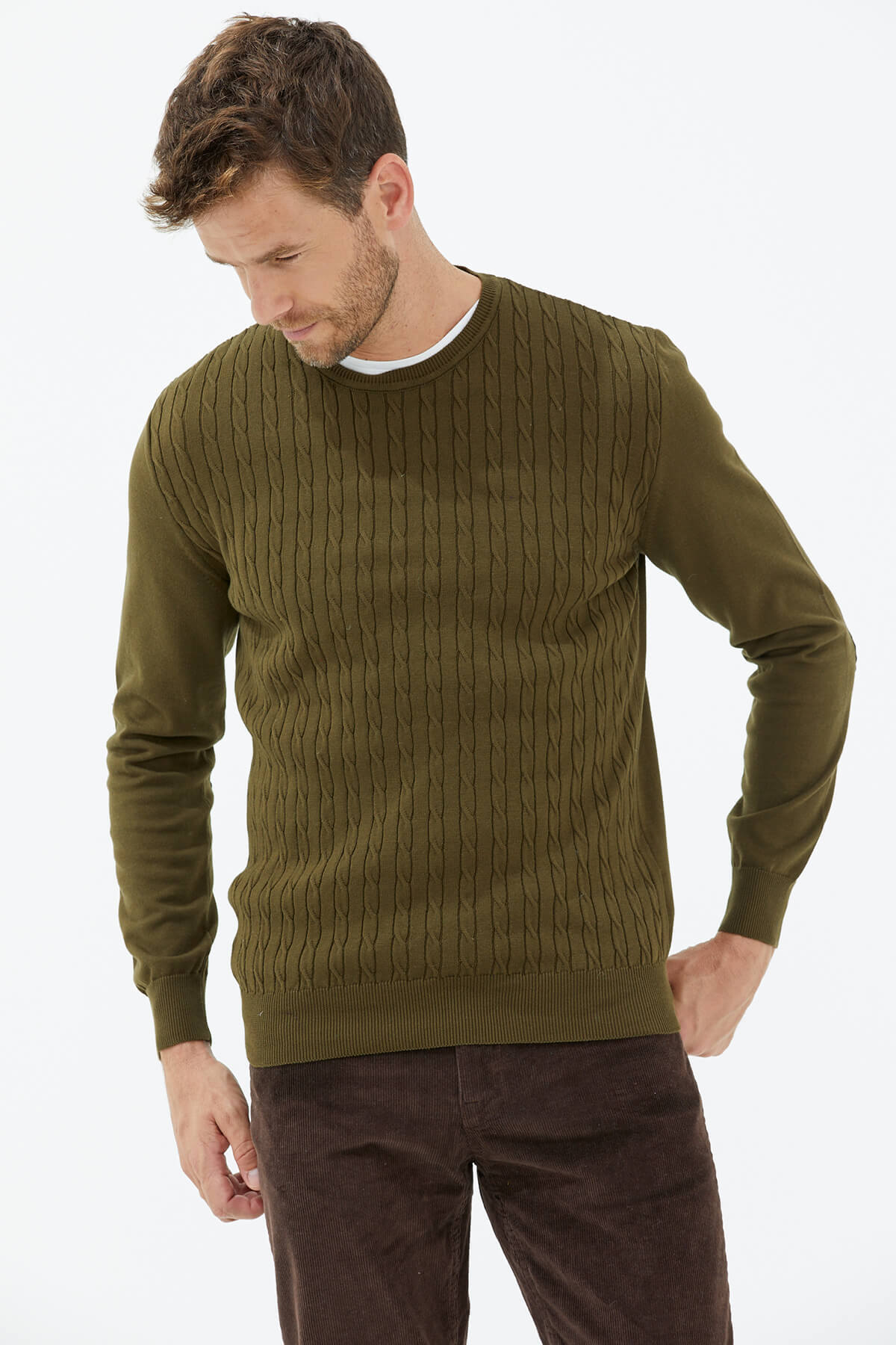 Süet Garnili Saç Örgülü Triko Kazak - Yeşil (3) Sementa