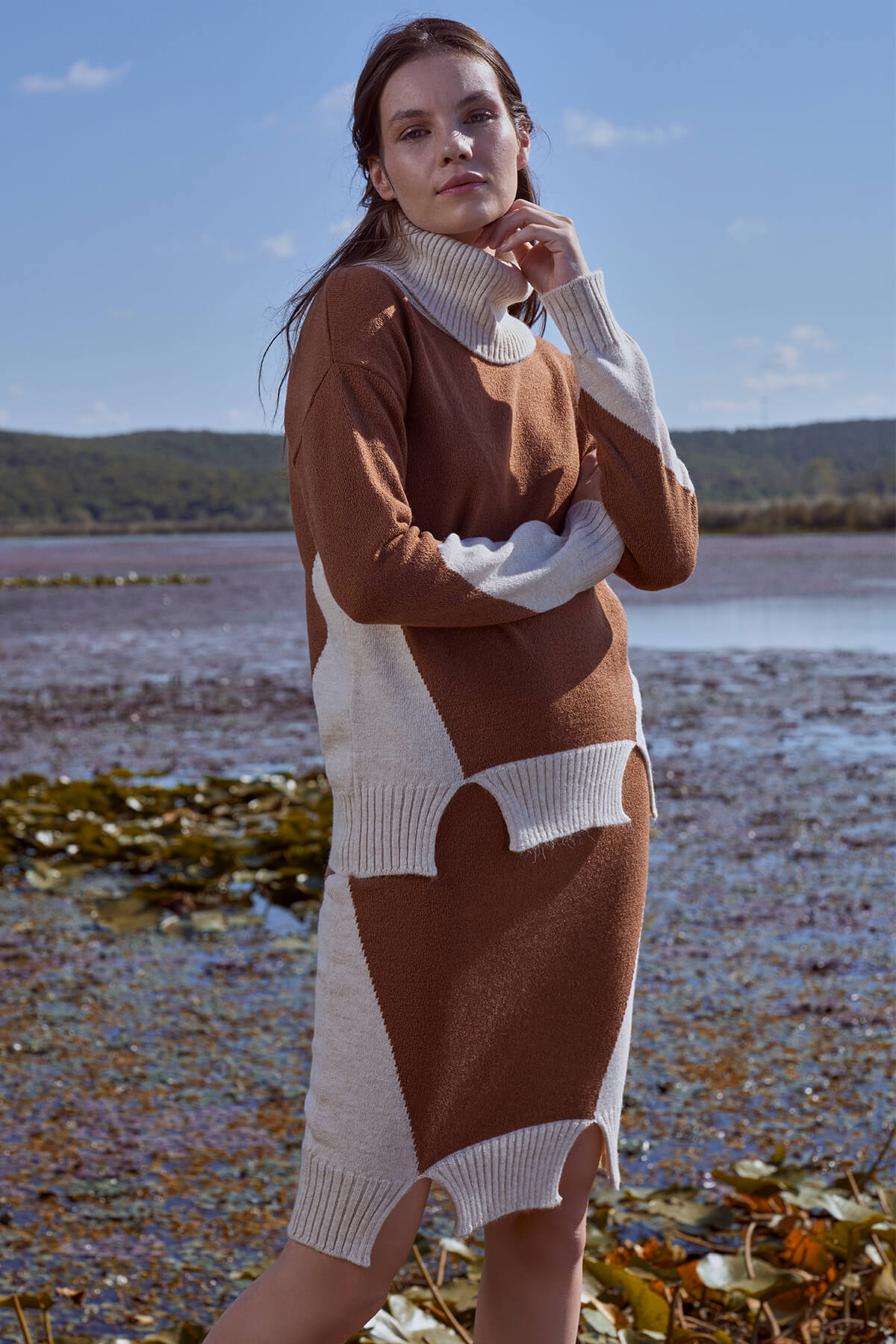 Tam Balıkçı Kazak Etek Triko Takım - Kemik - Taba (2) Sementa