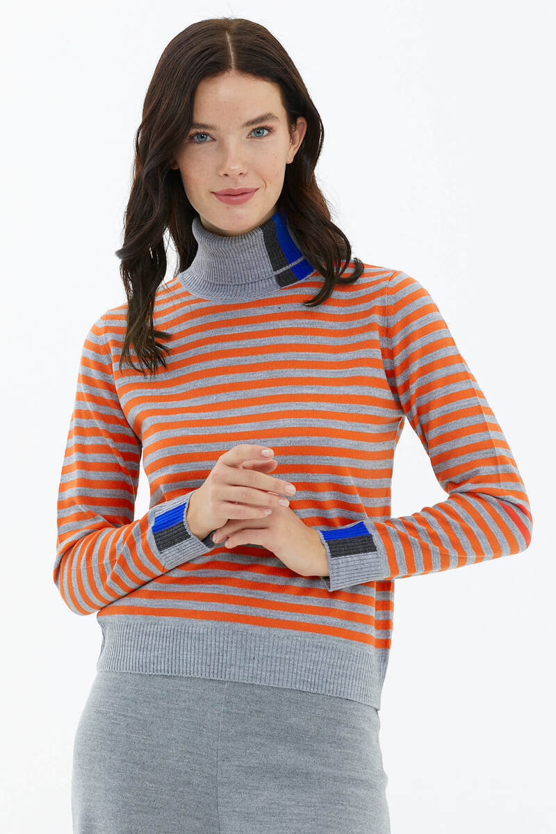 Tam Balıkçı Yaka Çizgili Triko Kazak - Gri (1) Sementa