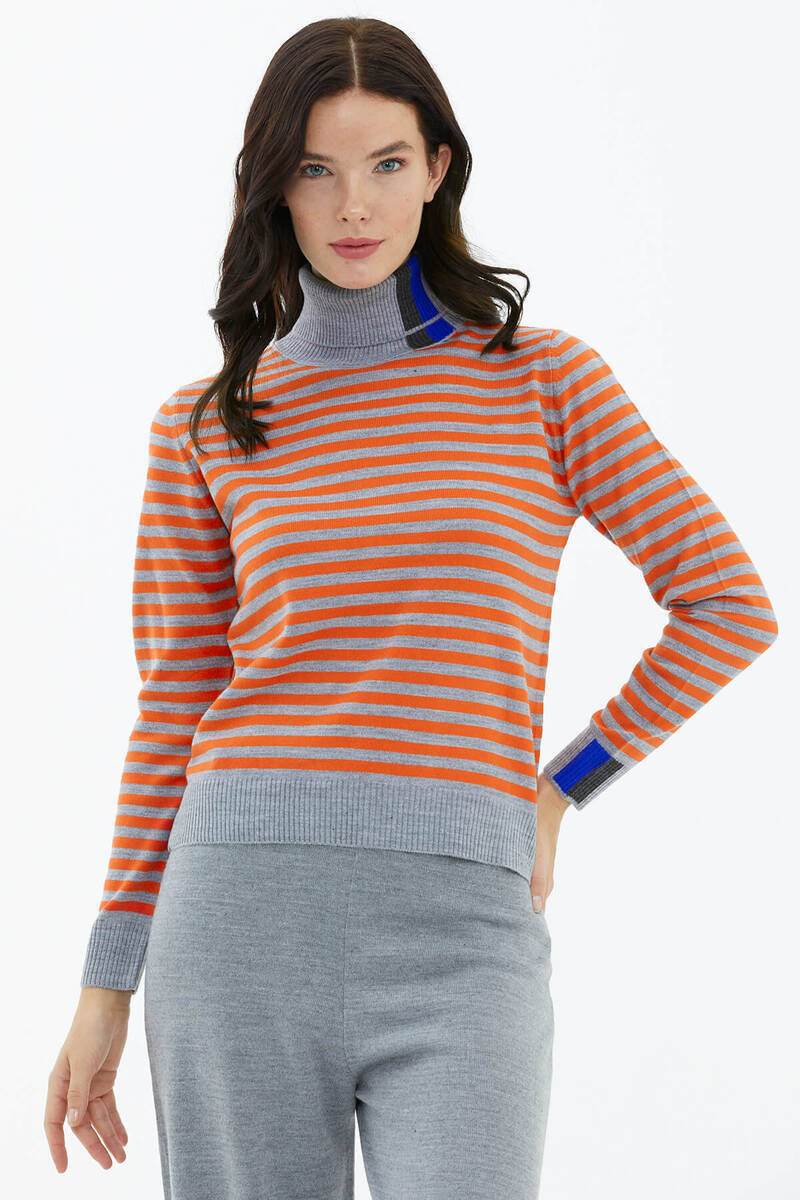 Tam Balıkçı Yaka Çizgili Triko Kazak - Gri (2) Sementa