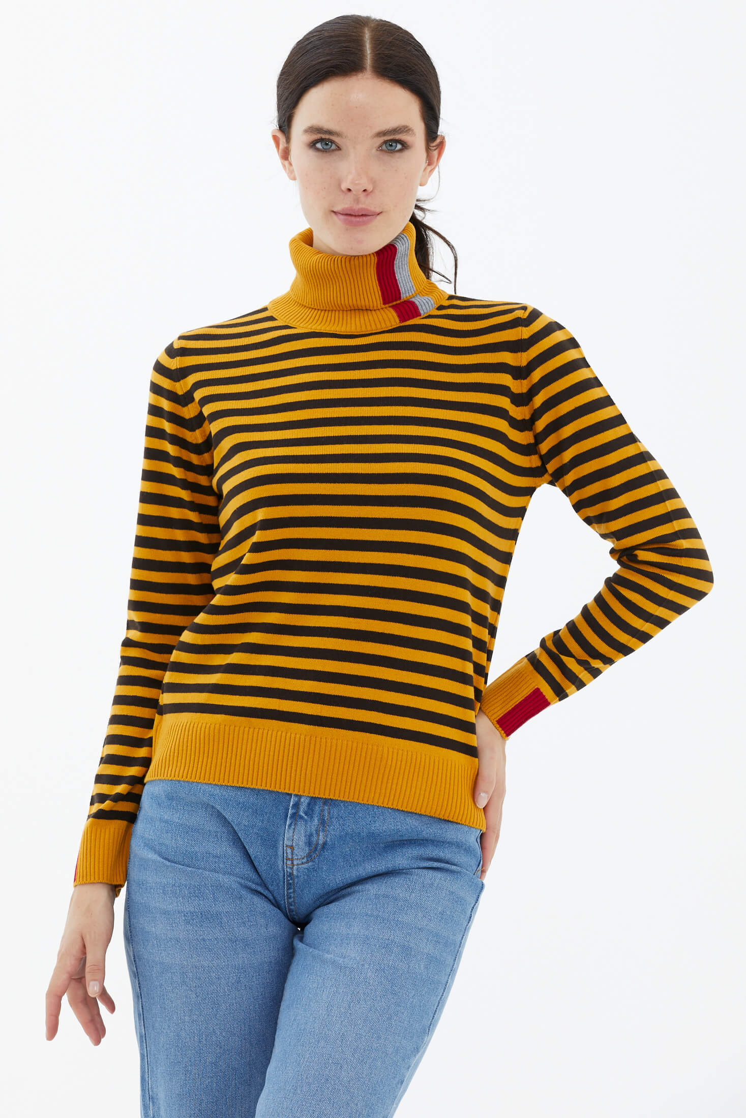 Tam Balıkçı Yaka Çizgili Triko Kazak - Güneş (1) Sementa