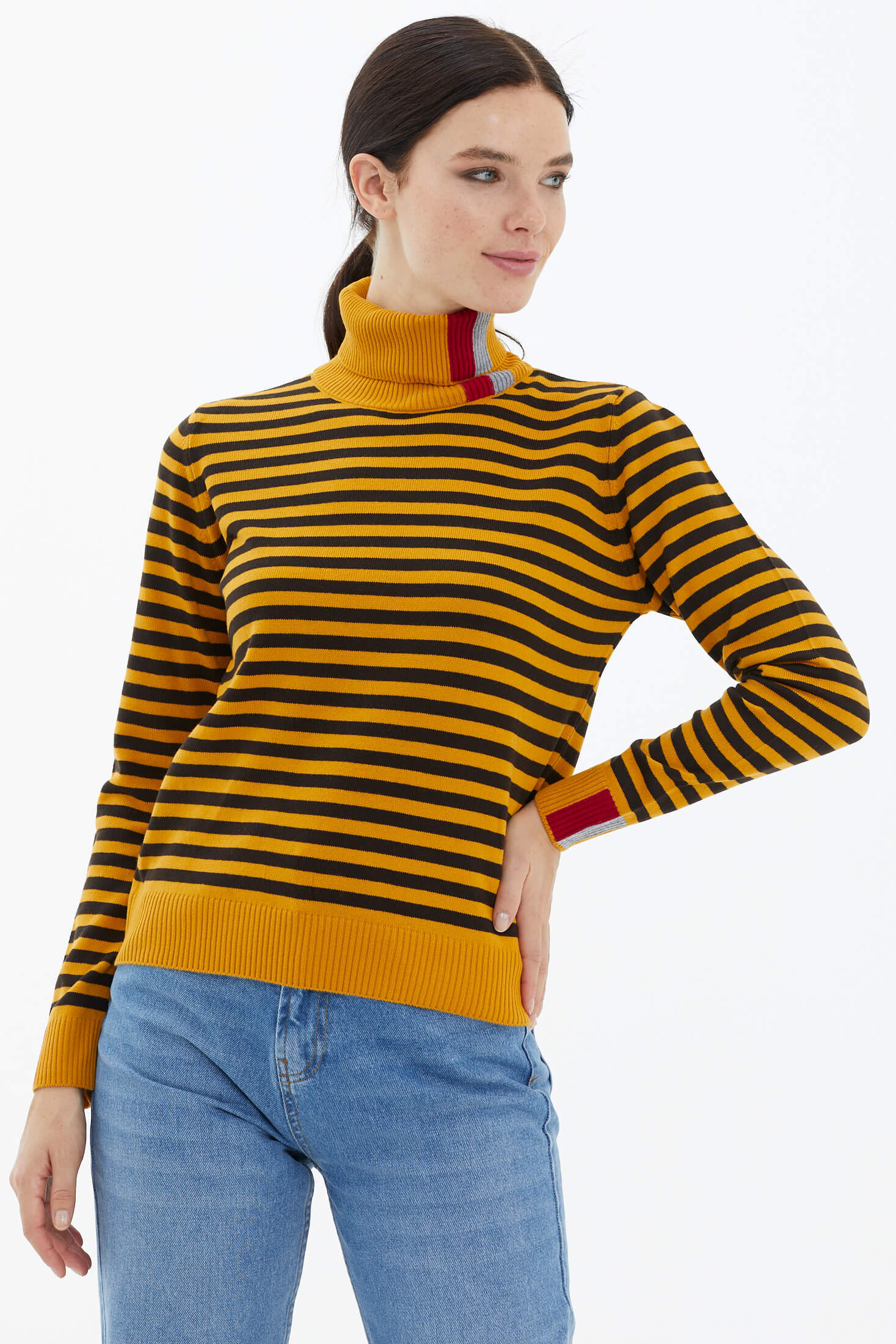 Tam Balıkçı Yaka Çizgili Triko Kazak - Güneş (2) Sementa