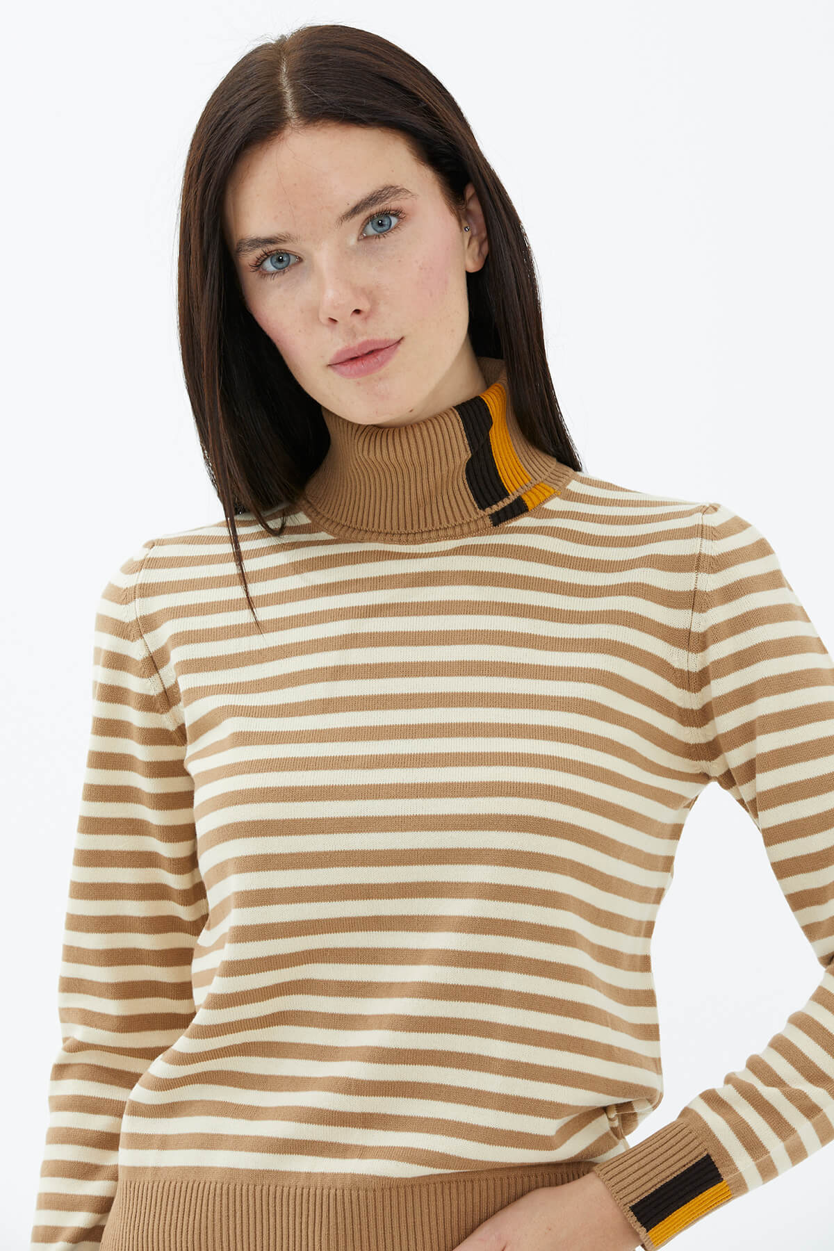 Tam Balıkçı Yaka Çizgili Triko Kazak - Kamel (1) Sementa