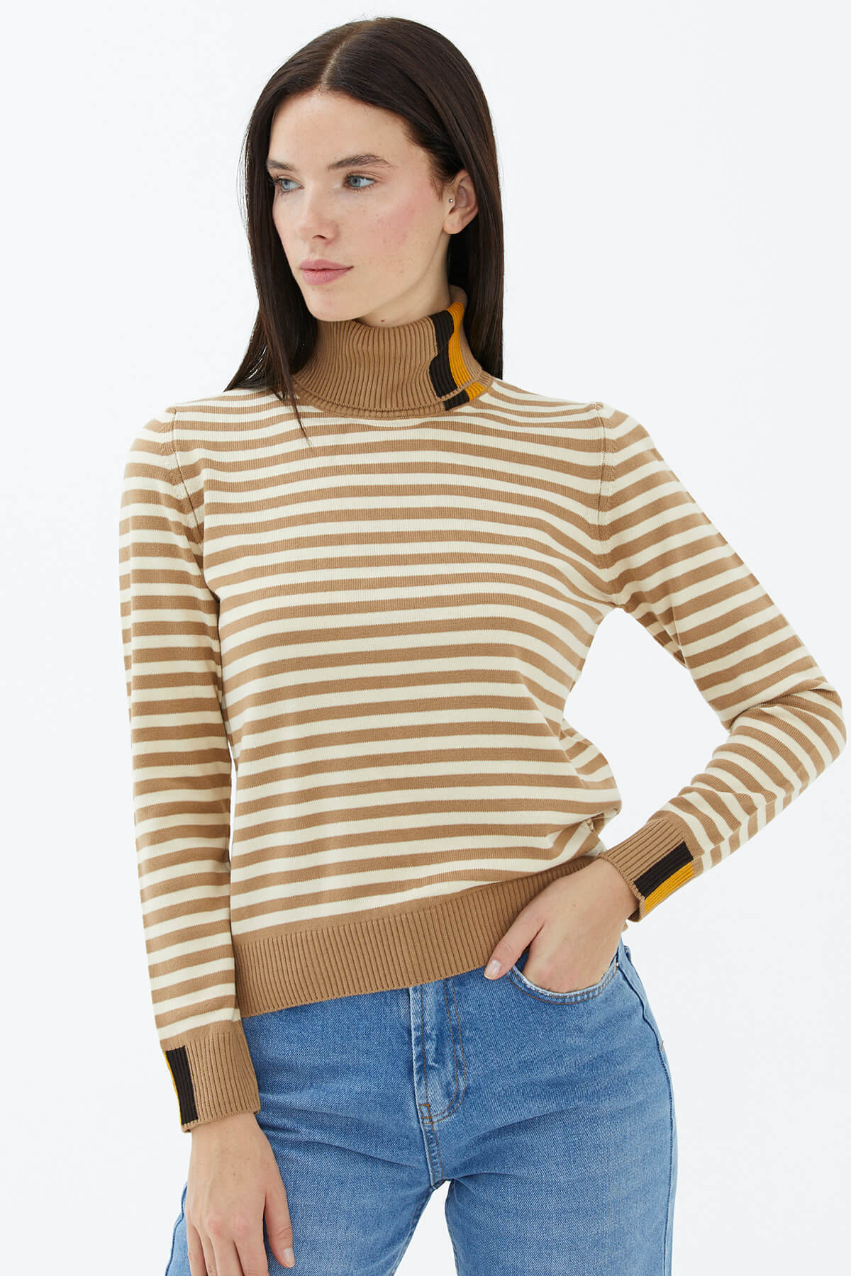 Tam Balıkçı Yaka Çizgili Triko Kazak - Kamel (2) Sementa