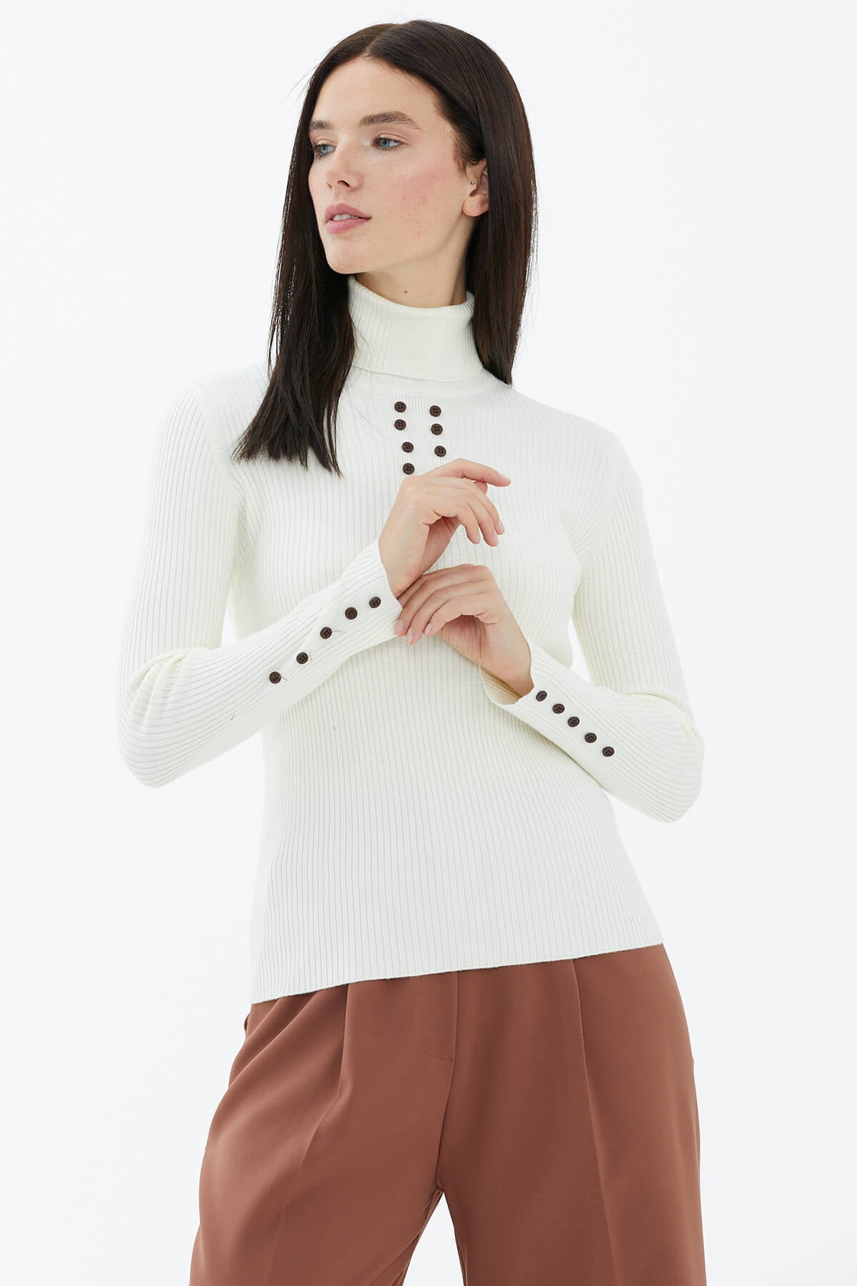 Tam Balıkçı Yaka Düğmeli Triko Kazak - Kemik (2) Sementa