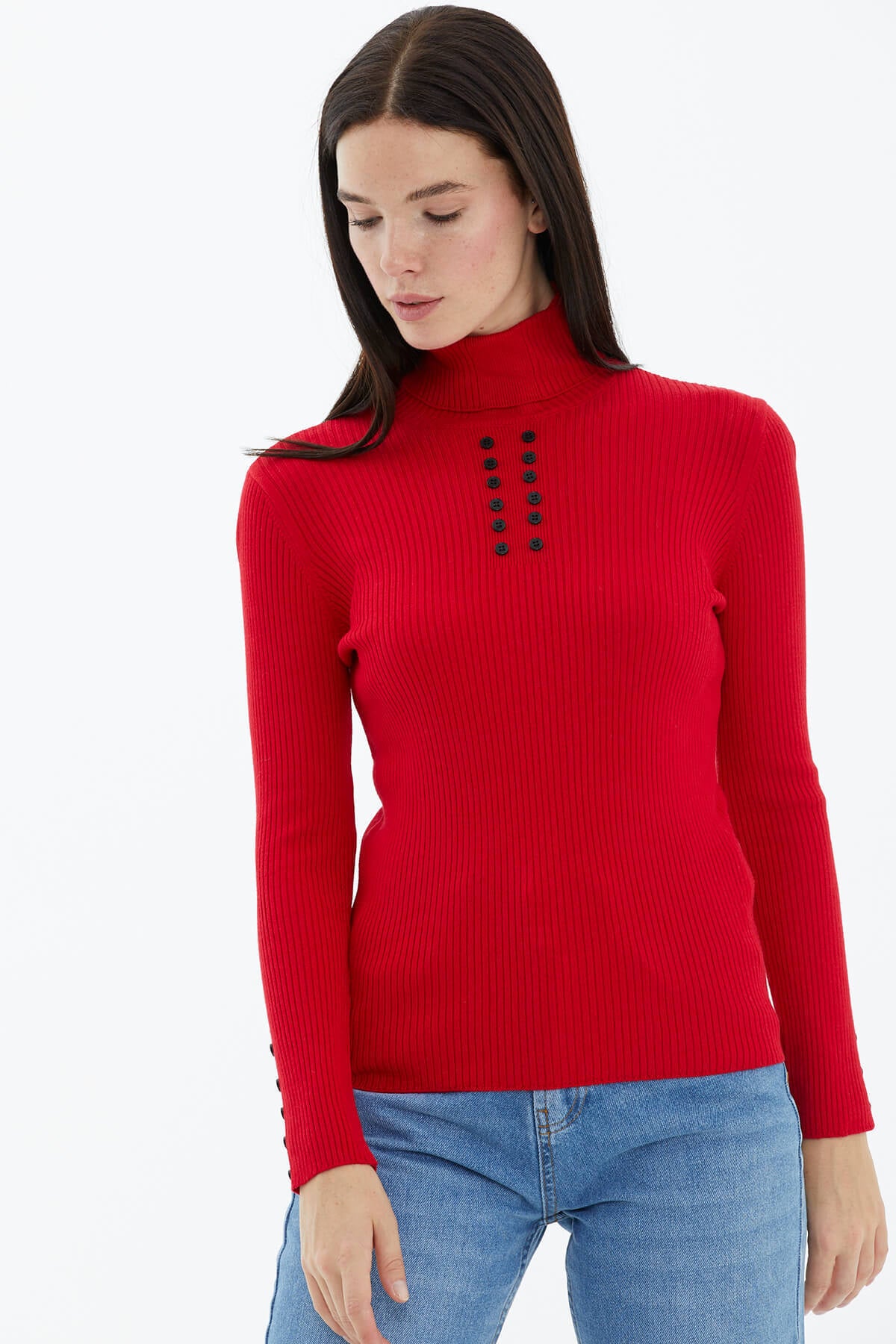 Tam Balıkçı Yaka Düğmeli Triko Kazak - Kırmızı (2) Sementa