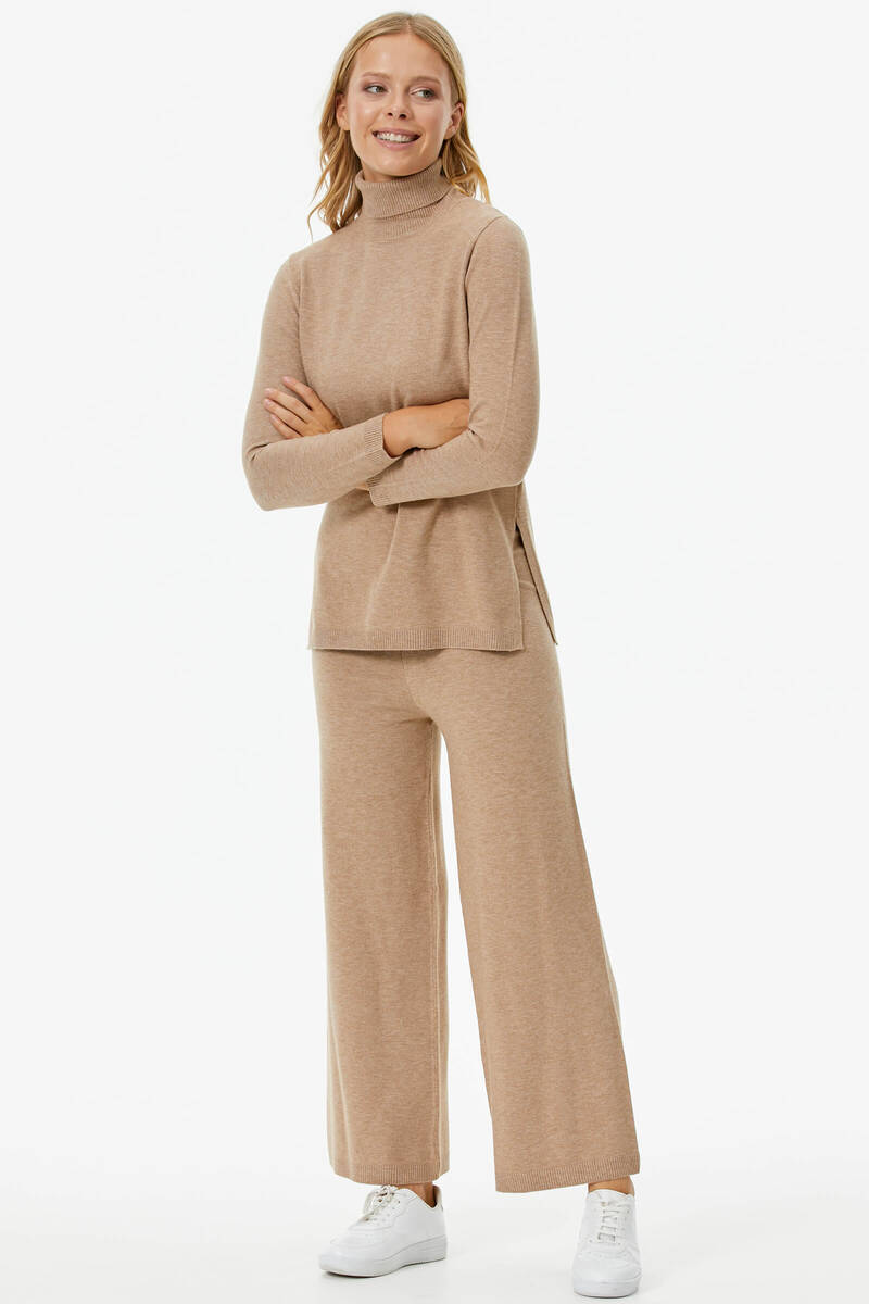Tam Balıkçı Yaka Kazak Pantolon Triko Takım - Bej (1) Sementa