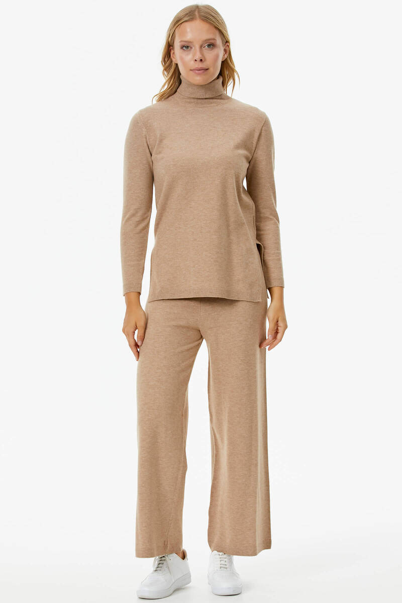 Tam Balıkçı Yaka Kazak Pantolon Triko Takım - Bej (2) Sementa