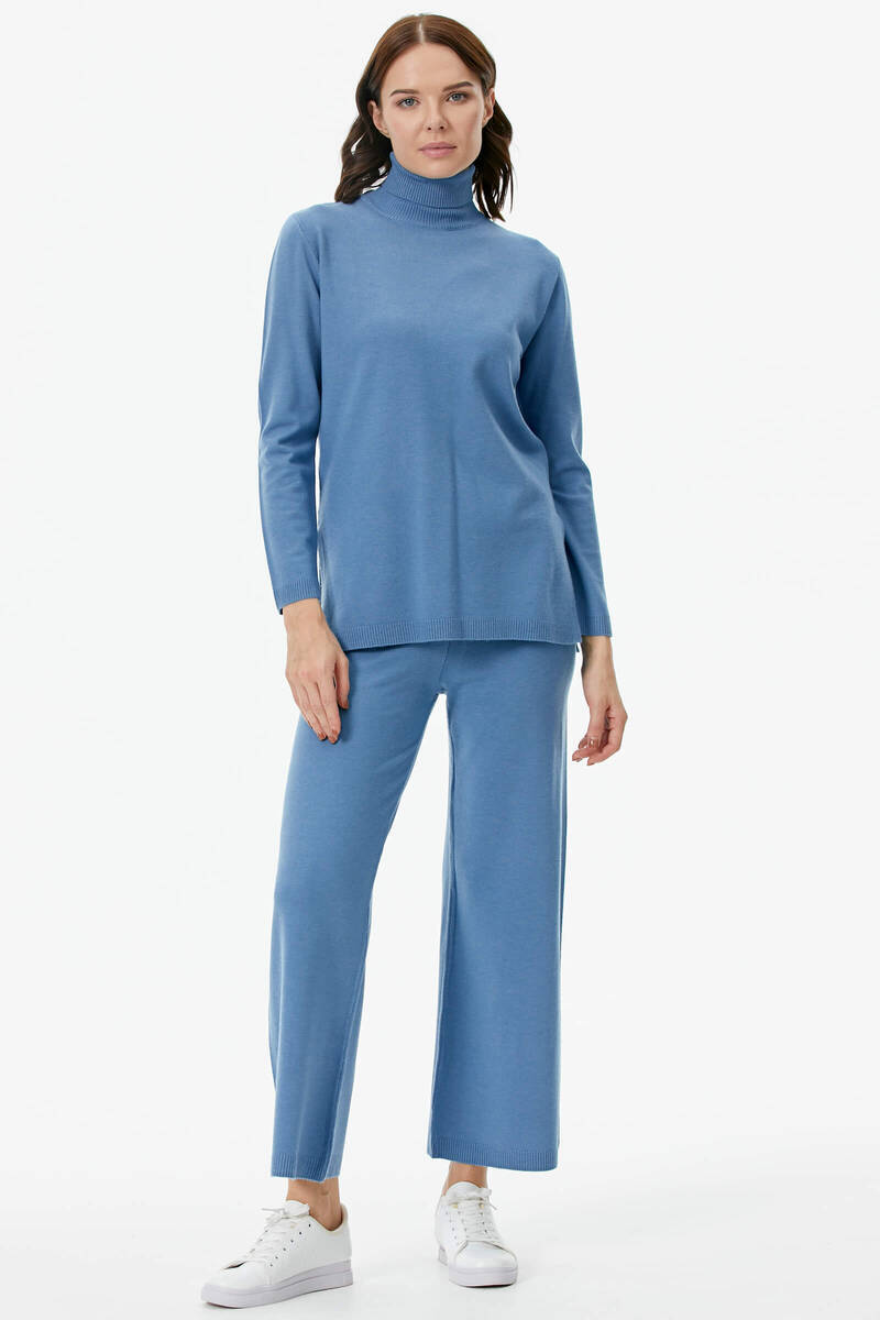 Tam Balıkçı Yaka Kazak Pantolon Triko Takım - Indigo (1) Sementa