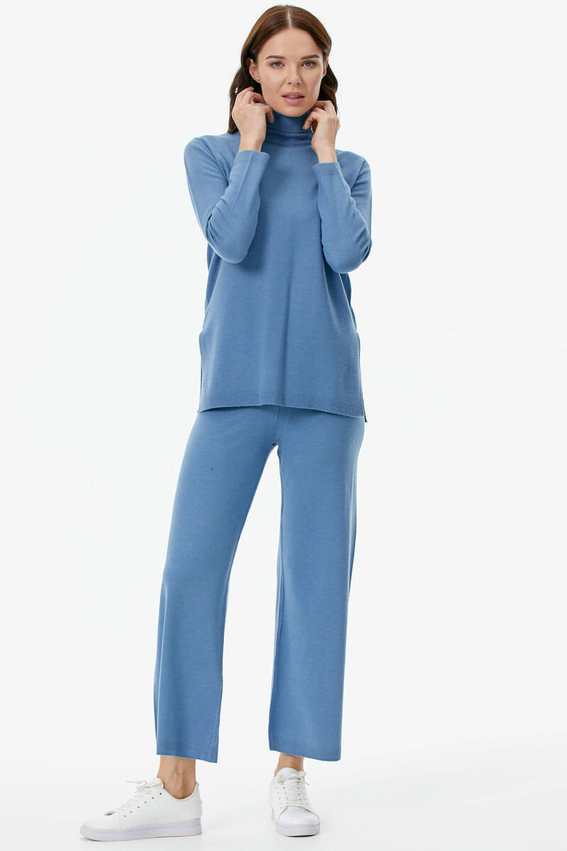Tam Balıkçı Yaka Kazak Pantolon Triko Takım - Indigo (2) Sementa