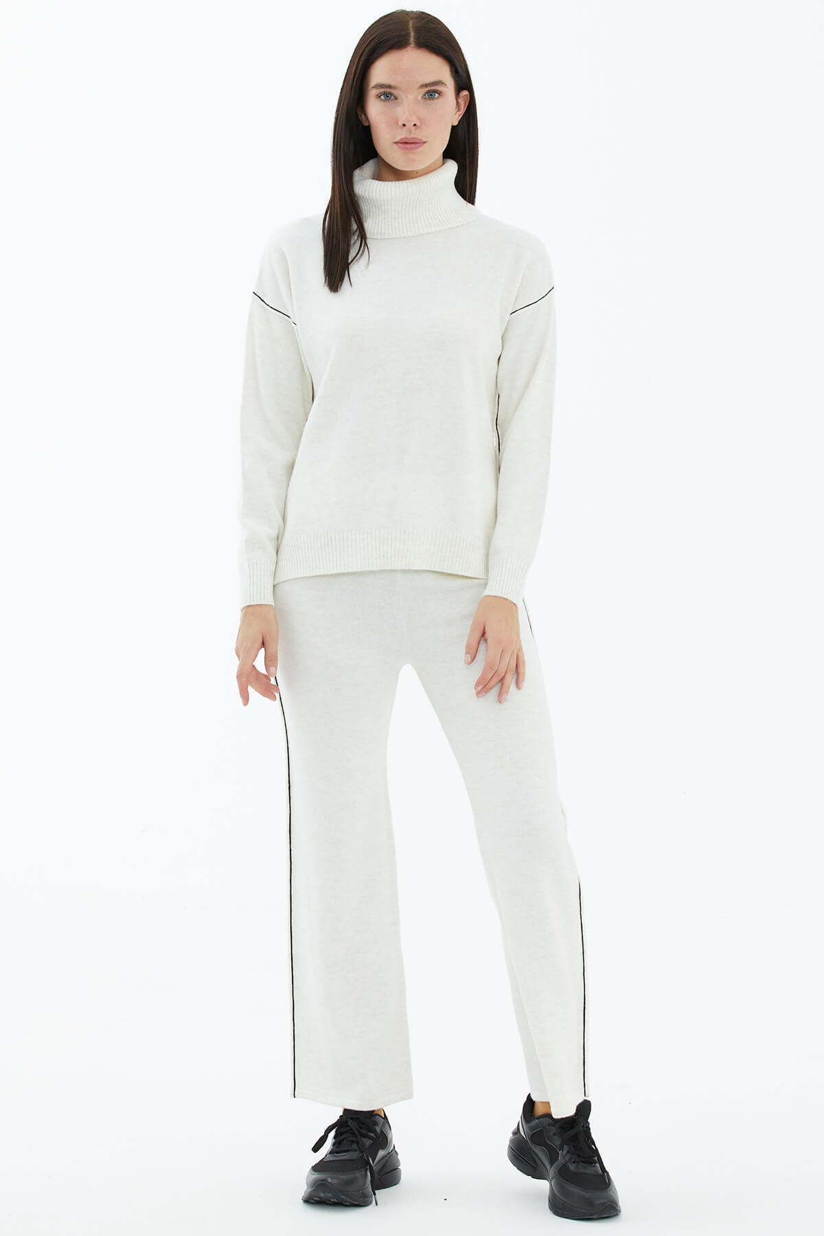 Tam Balıkçı Yaka Kazak Pantolon Triko Takım - Kemik (2) Sementa