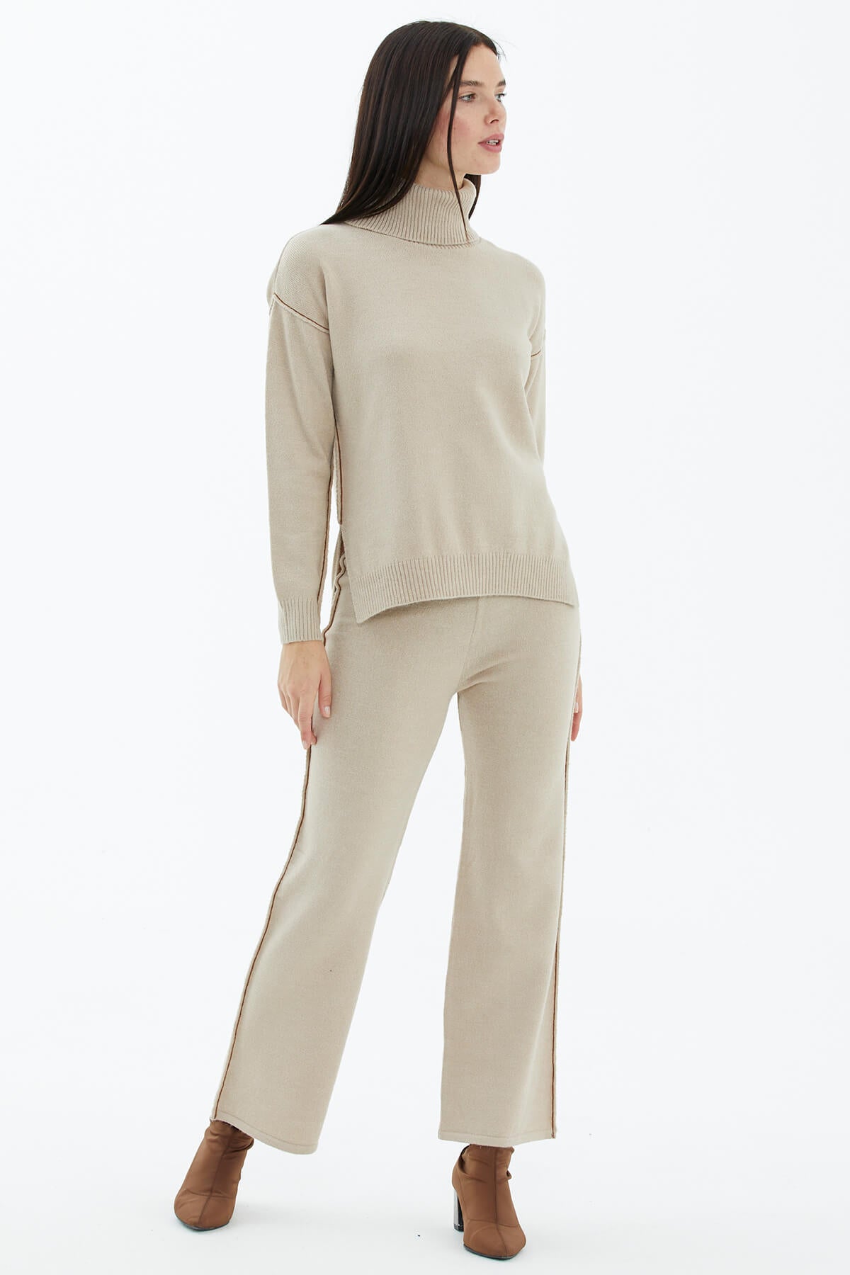 Tam Balıkçı Yaka Kazak Pantolon Triko Takım - Koyu Bej (1) Sementa