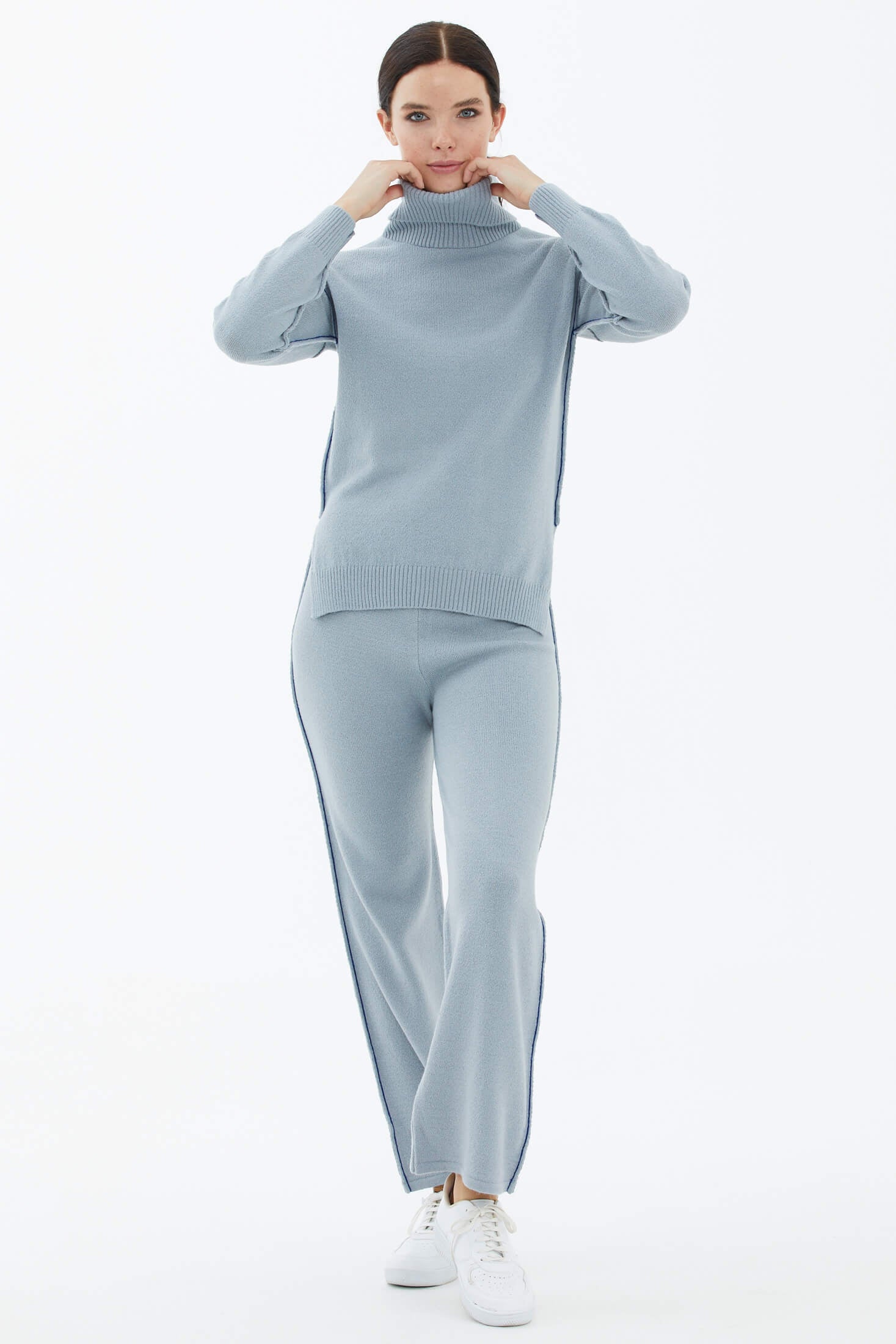 Tam Balıkçı Yaka Kazak Pantolon Triko Takım - Mavi (2) Sementa