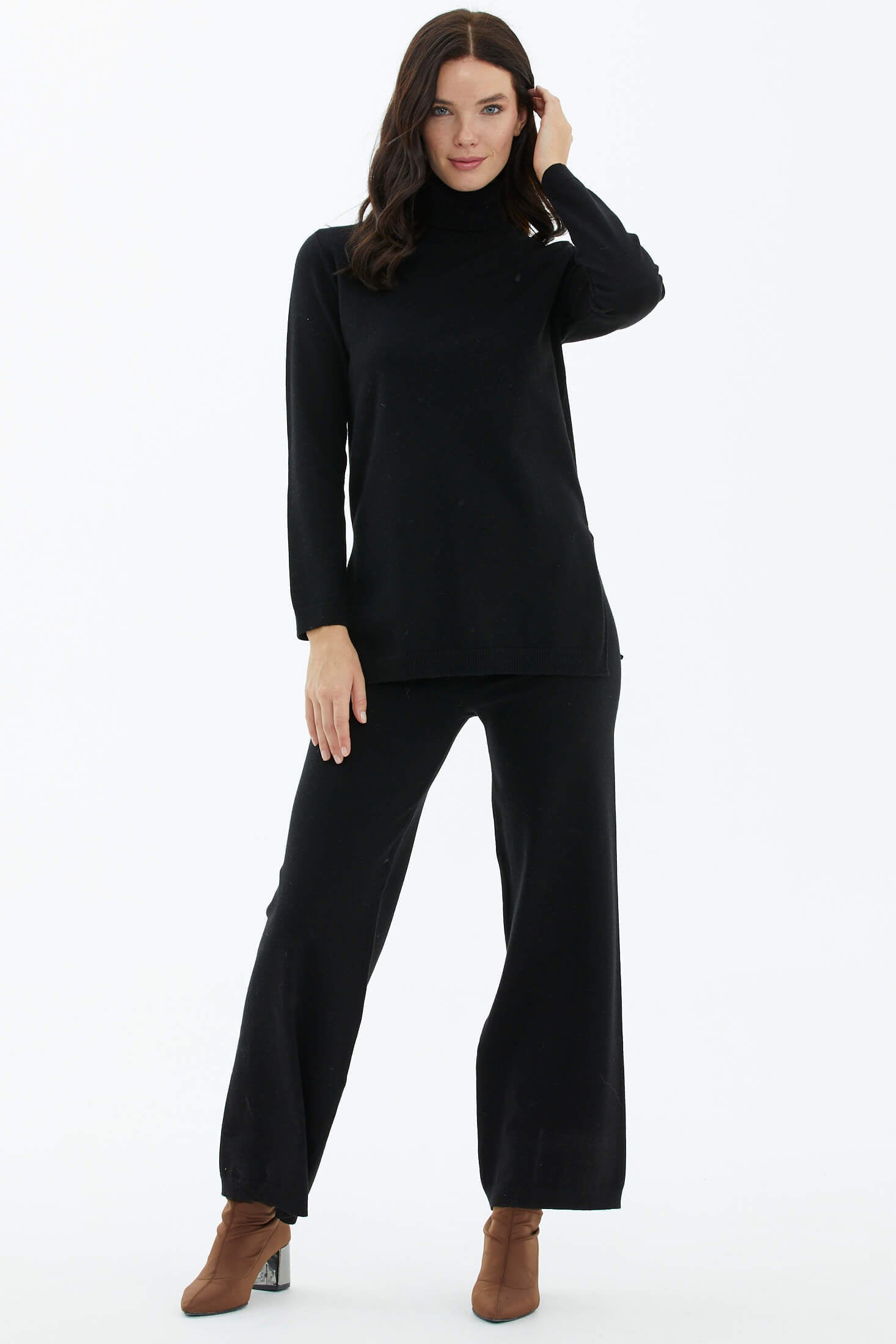 Tam Balıkçı Yaka Kazak Pantolon Triko Takım - Siyah (2) Sementa