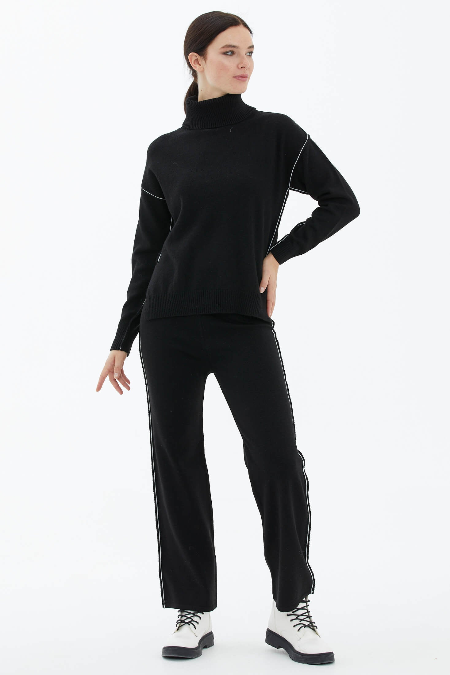 Tam Balıkçı Yaka Kazak Pantolon Triko Takım - Siyah (2) Sementa