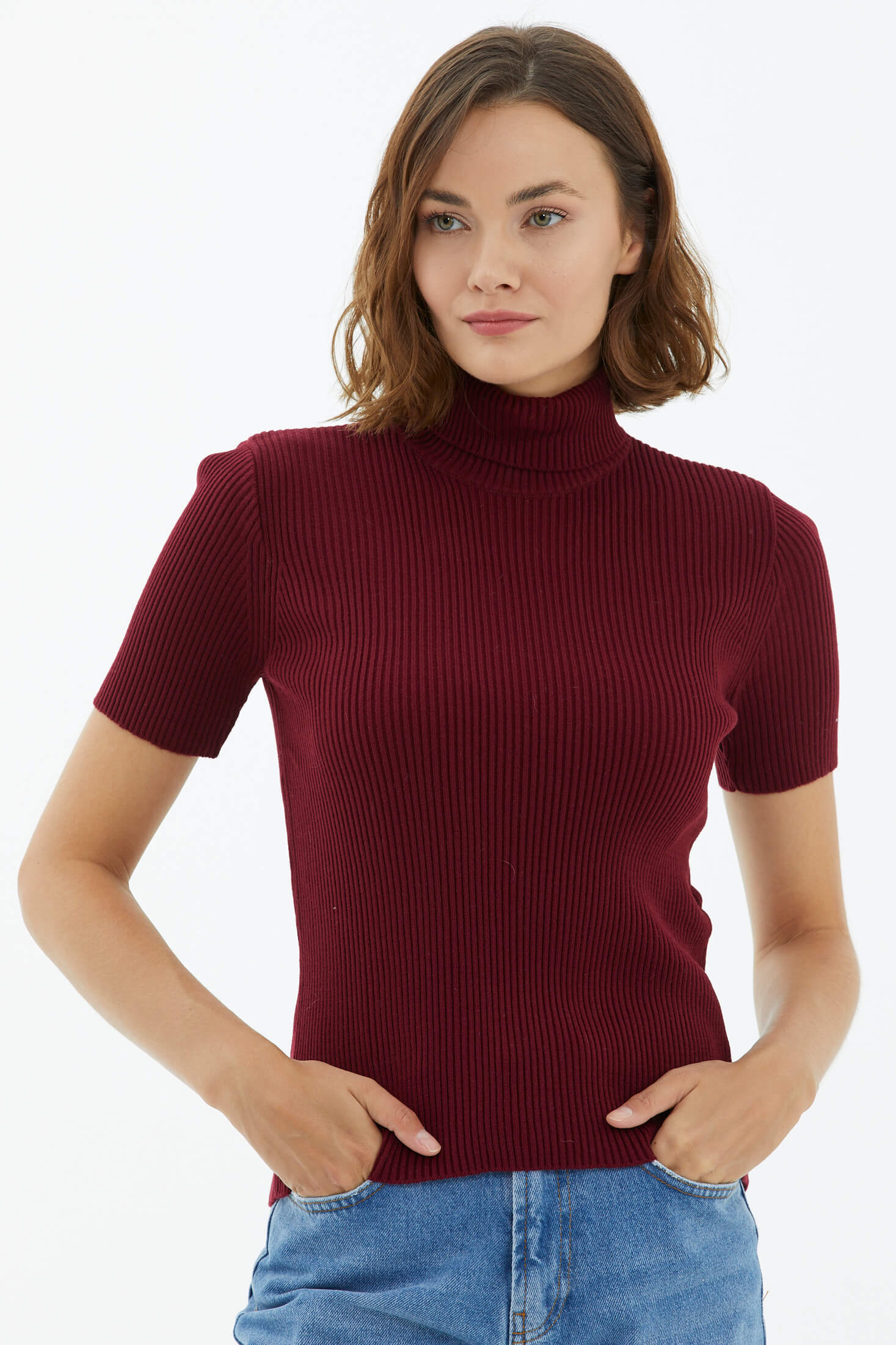 Tam Balıkçı Yaka Kısa Kollu Triko Kazak - Bordo (2) Sementa