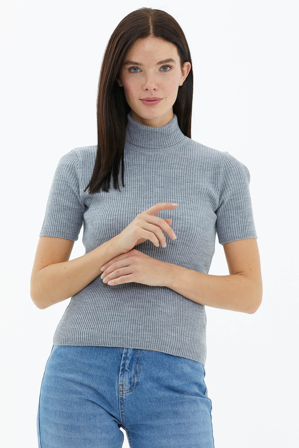 Tam Balıkçı Yaka Kısa Kollu Triko Kazak - Gri (1) Sementa