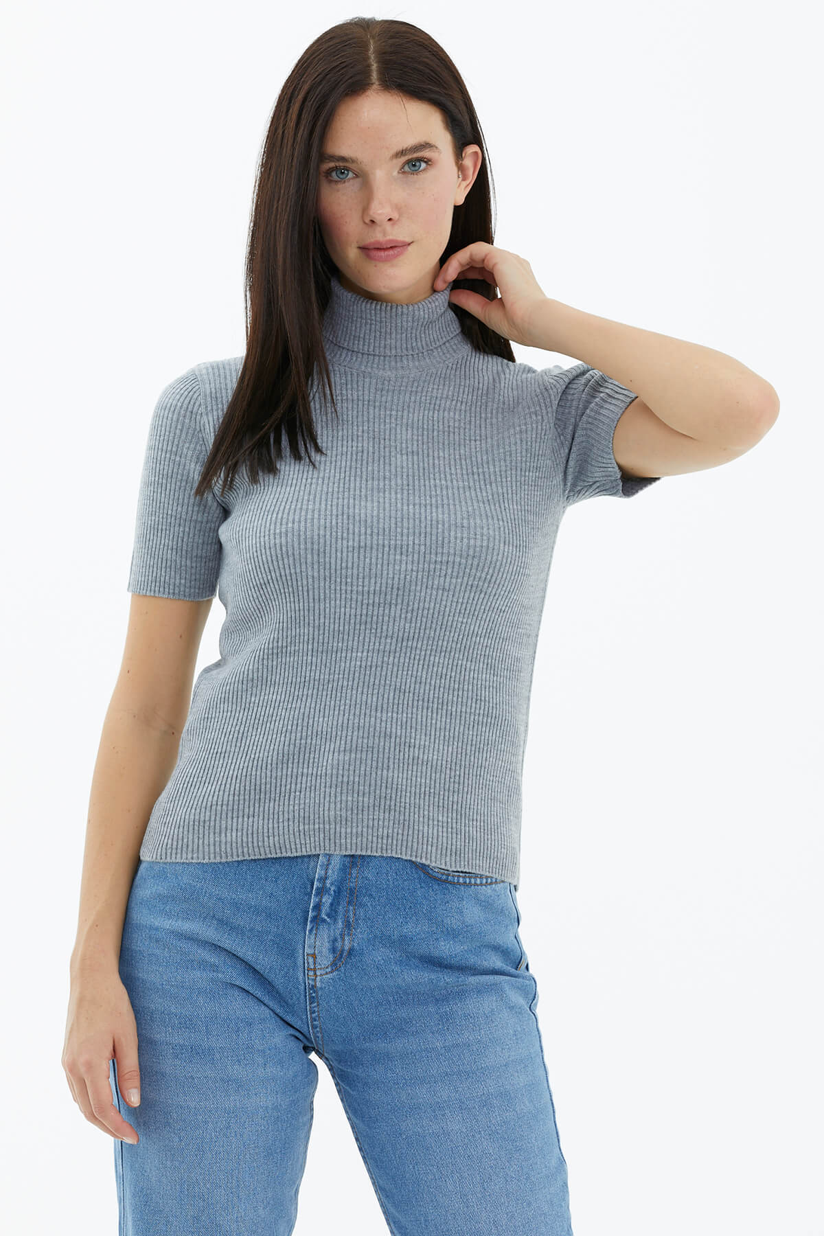 Tam Balıkçı Yaka Kısa Kollu Triko Kazak - Gri (2) Sementa