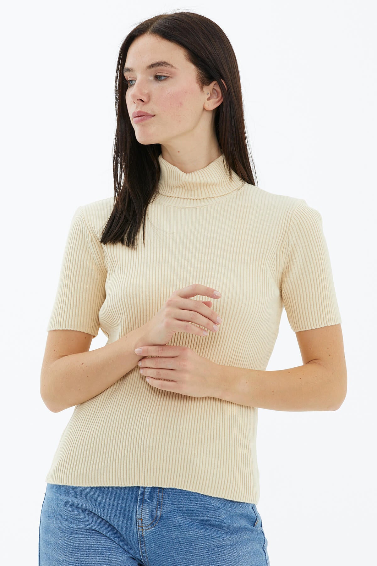 Tam Balıkçı Yaka Kısa Kollu Triko Kazak - Krem (2) Sementa