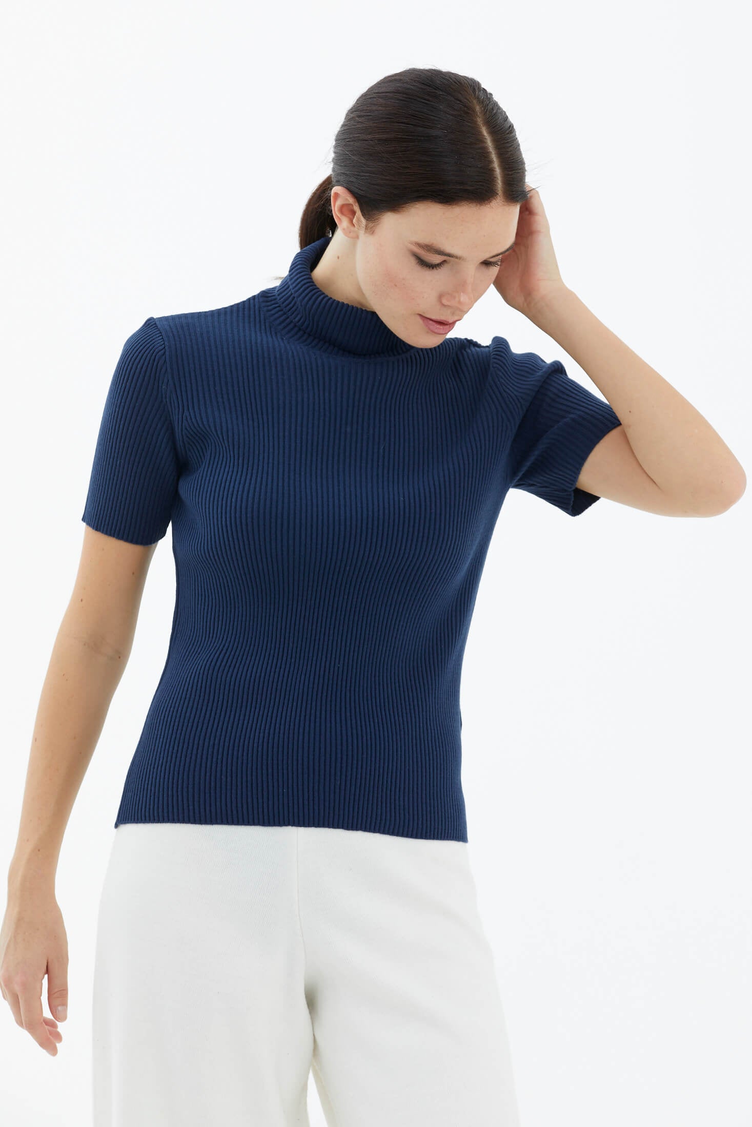 Tam Balıkçı Yaka Kısa Kollu Triko Kazak - Lacivert (1) Sementa