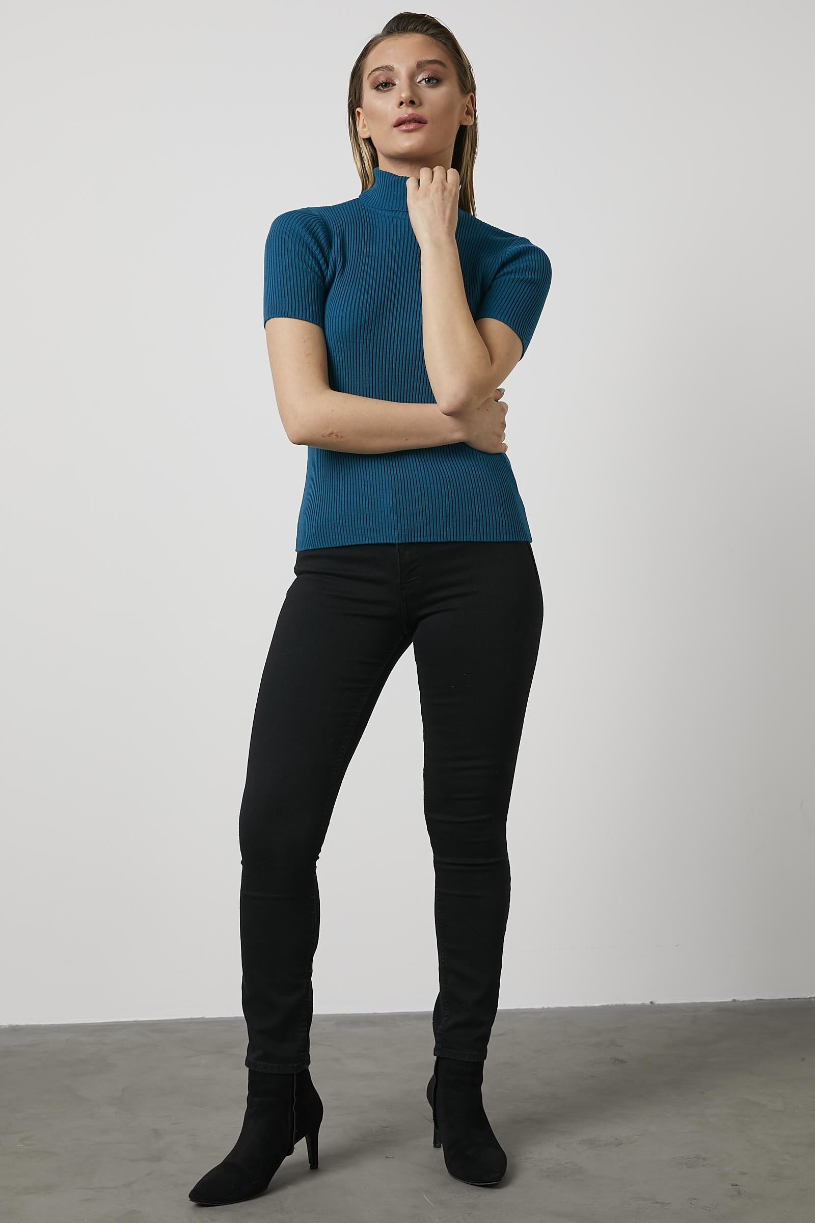 Tam Balıkçı Yaka Kısa Kollu Triko Kazak - Turkuaz (1) Sementa