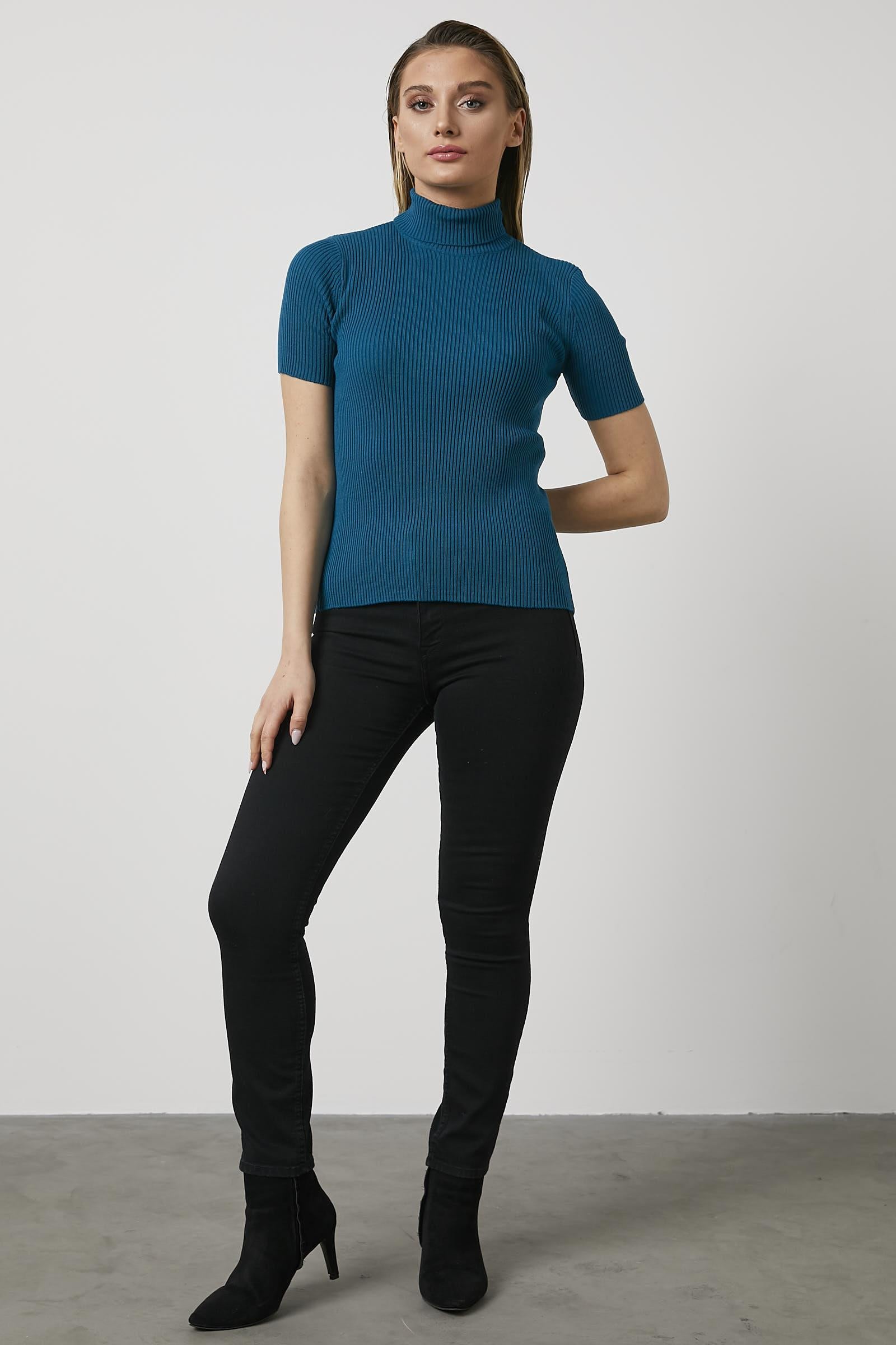 Tam Balıkçı Yaka Kısa Kollu Triko Kazak - Turkuaz (2) Sementa