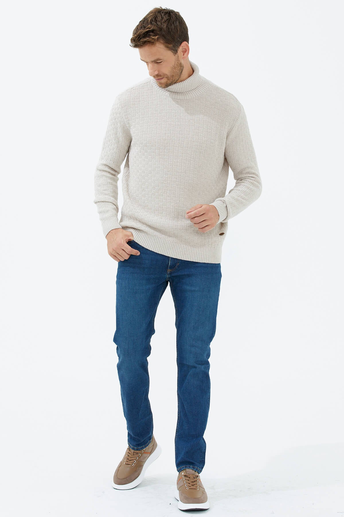 Tam Balıkçı Yaka Triko Kazak - Bej (3) Sementa