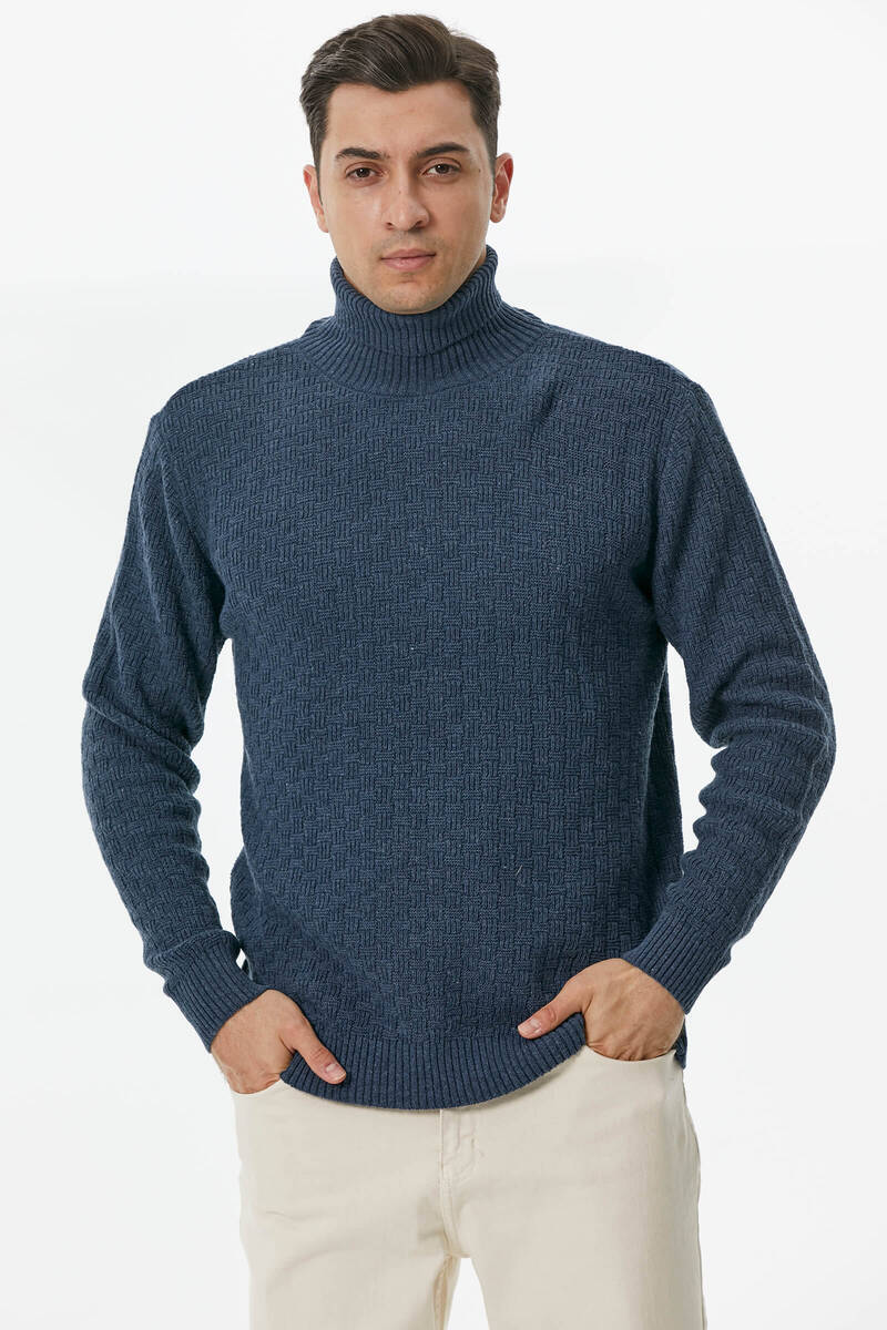 Tam Balıkçı Yaka Triko Kazak - Indigo (3) Sementa