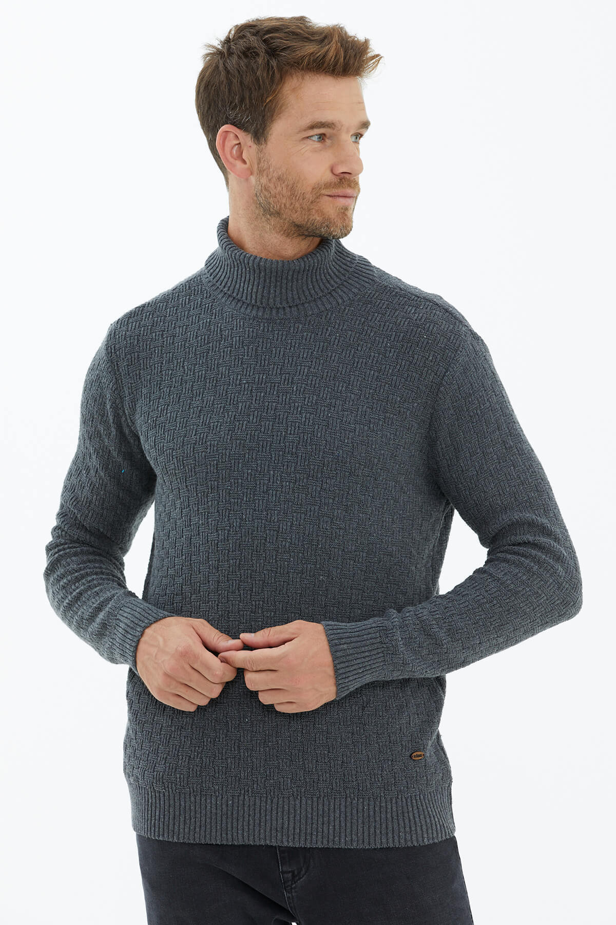 Tam Balıkçı Yaka Triko Kazak - Koyu Gri (3) Sementa