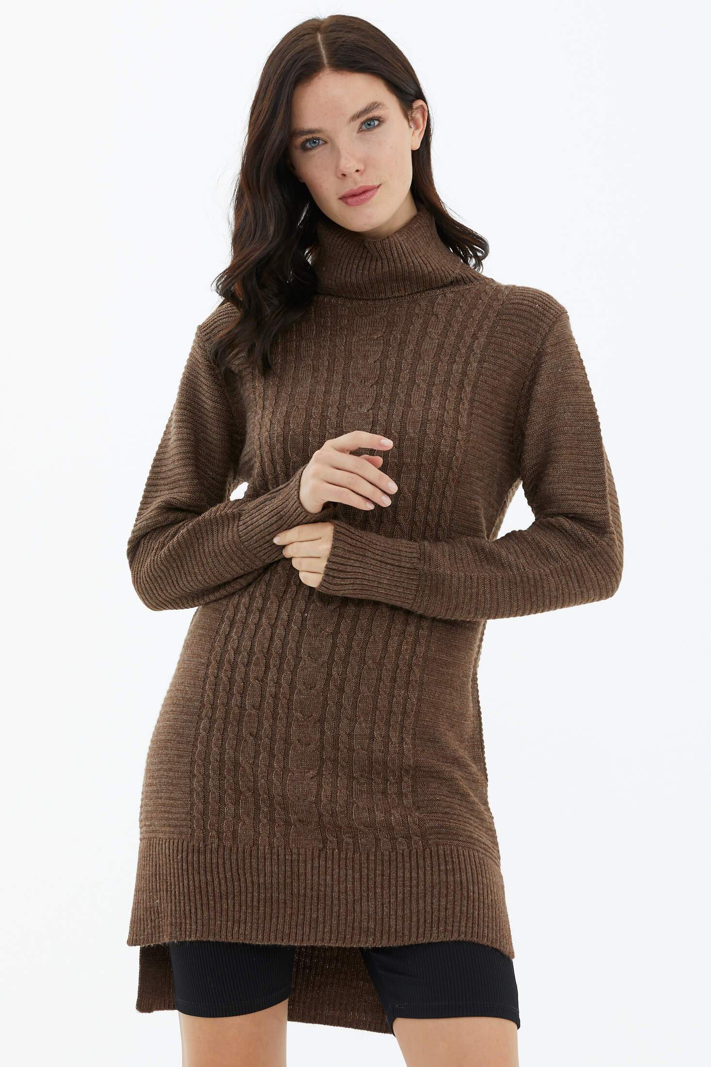 Tam Balıkçı Yaka Triko Tunik - Kahve (1) Sementa