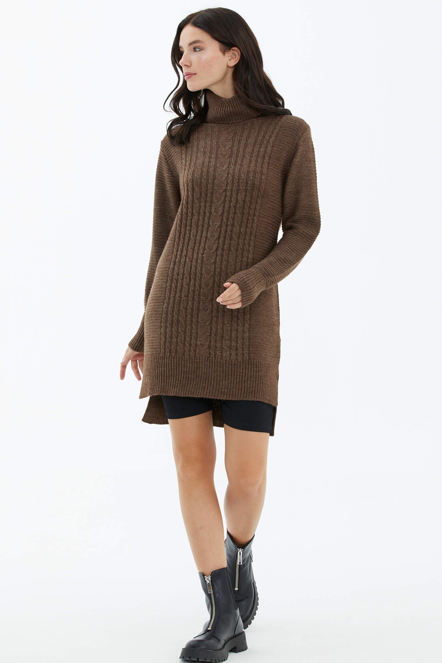 Tam Balıkçı Yaka Triko Tunik - Kahve (2) Sementa