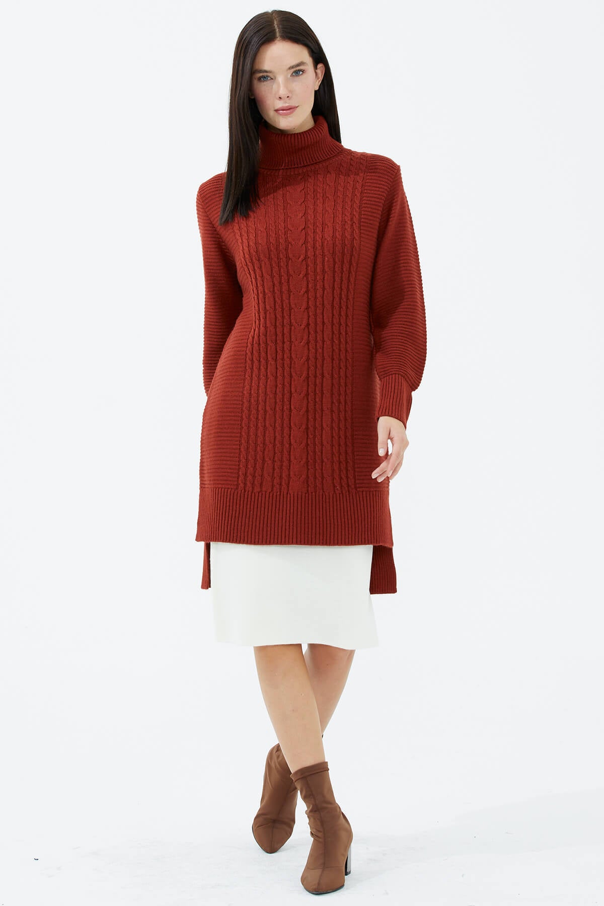 Tam Balıkçı Yaka Triko Tunik - Kiremit (2) Sementa