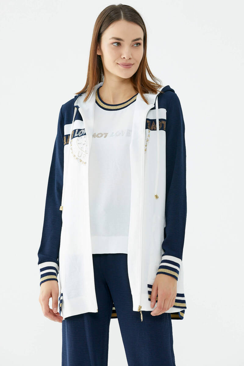 Taş Baskılı Rahat Kalıp Üçlü Krep Takım - Ekru - Lacivert (1) Sementa