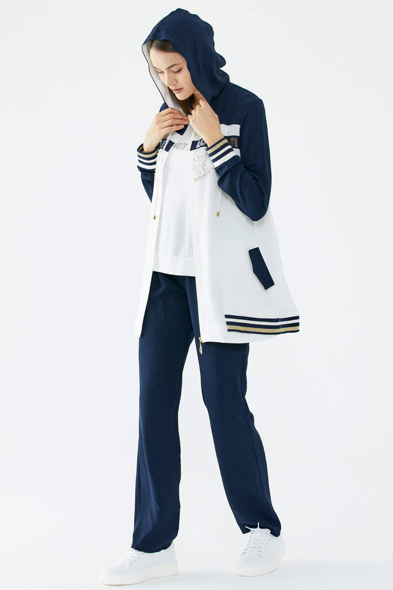 Taş Baskılı Rahat Kalıp Üçlü Krep Takım - Ekru - Lacivert (2) Sementa