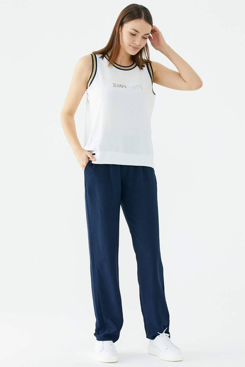 Taş Baskılı Rahat Kalıp Üçlü Krep Takım - Ekru - Lacivert (3) Sementa