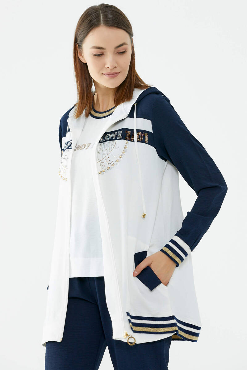 Taş Baskılı Rahat Kalıp Üçlü Krep Takım - Ekru - Lacivert (4) Sementa