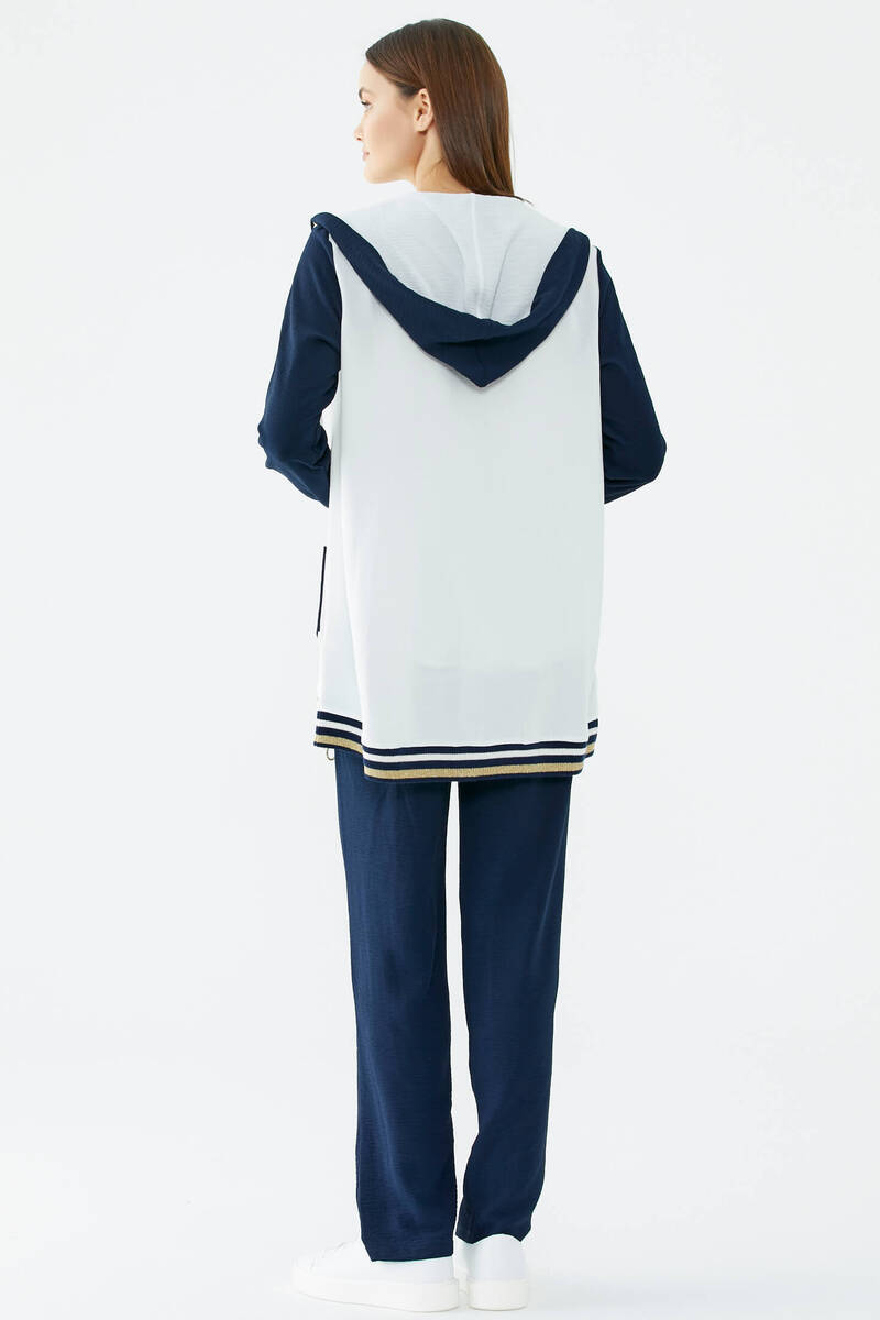 Taş Baskılı Rahat Kalıp Üçlü Krep Takım - Ekru - Lacivert (5) Sementa