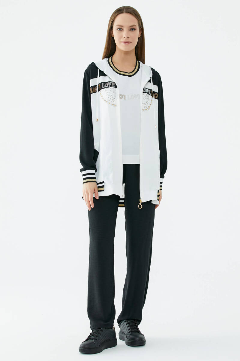 Taş Baskılı Rahat Kalıp Üçlü Krep Takım - Ekru - Siyah (1) Sementa