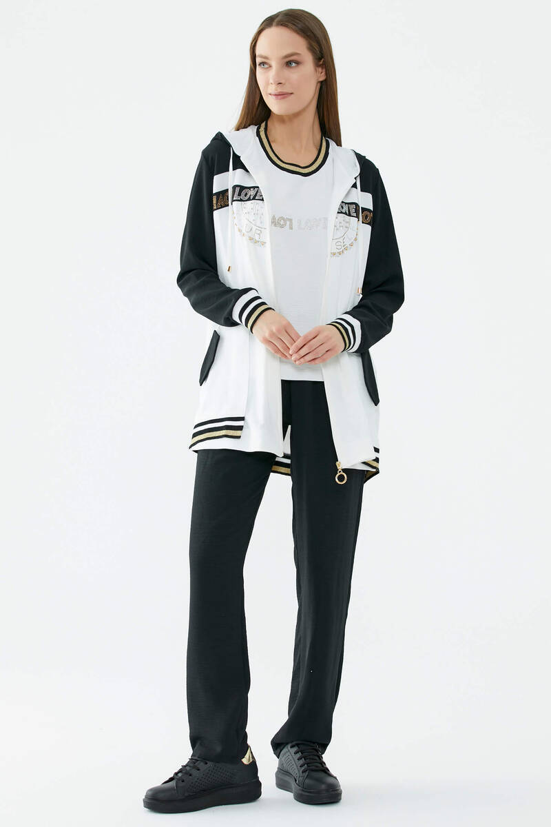 Taş Baskılı Rahat Kalıp Üçlü Krep Takım - Ekru - Siyah (2) Sementa