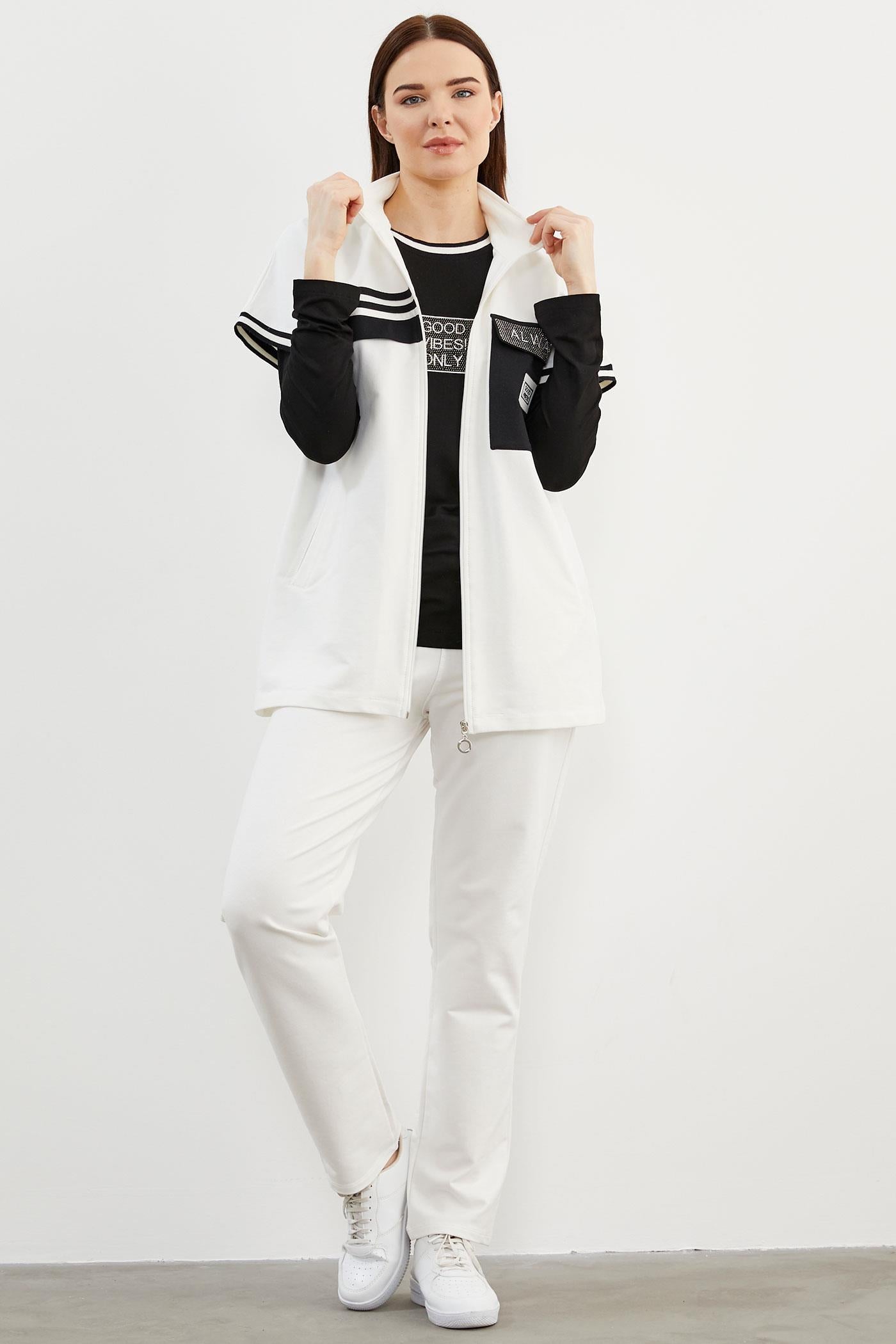 Taş Detaylı Geniş Kalıp Üçlü Eşofman Takım - Ekru (3) Sementa