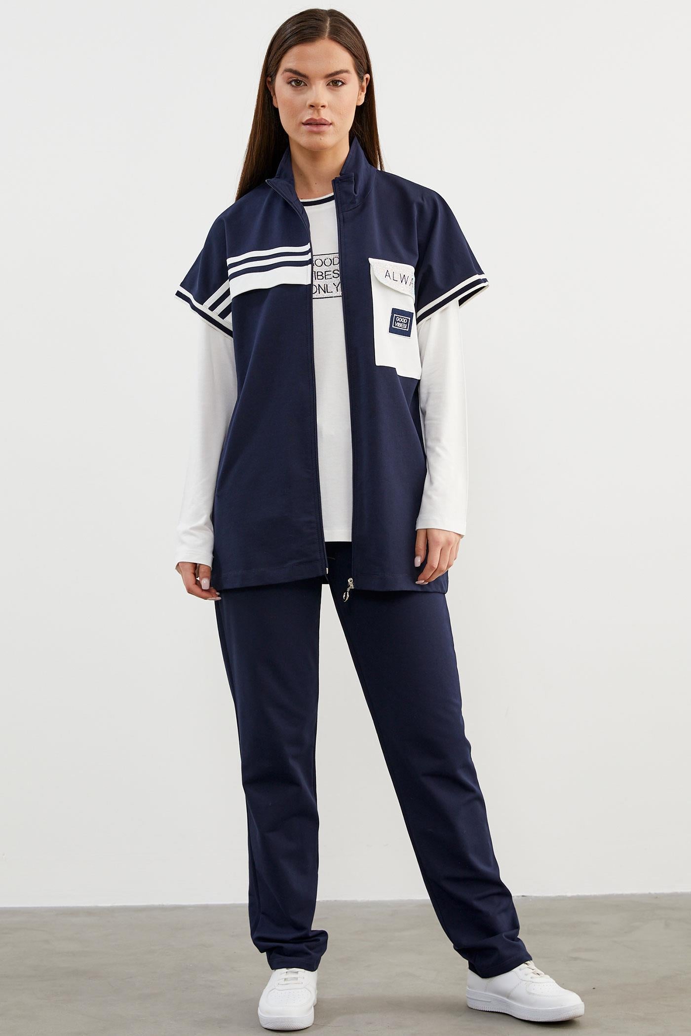 Taş Detaylı Geniş Kalıp Üçlü Eşofman Takım - Lacivert (1) Sementa