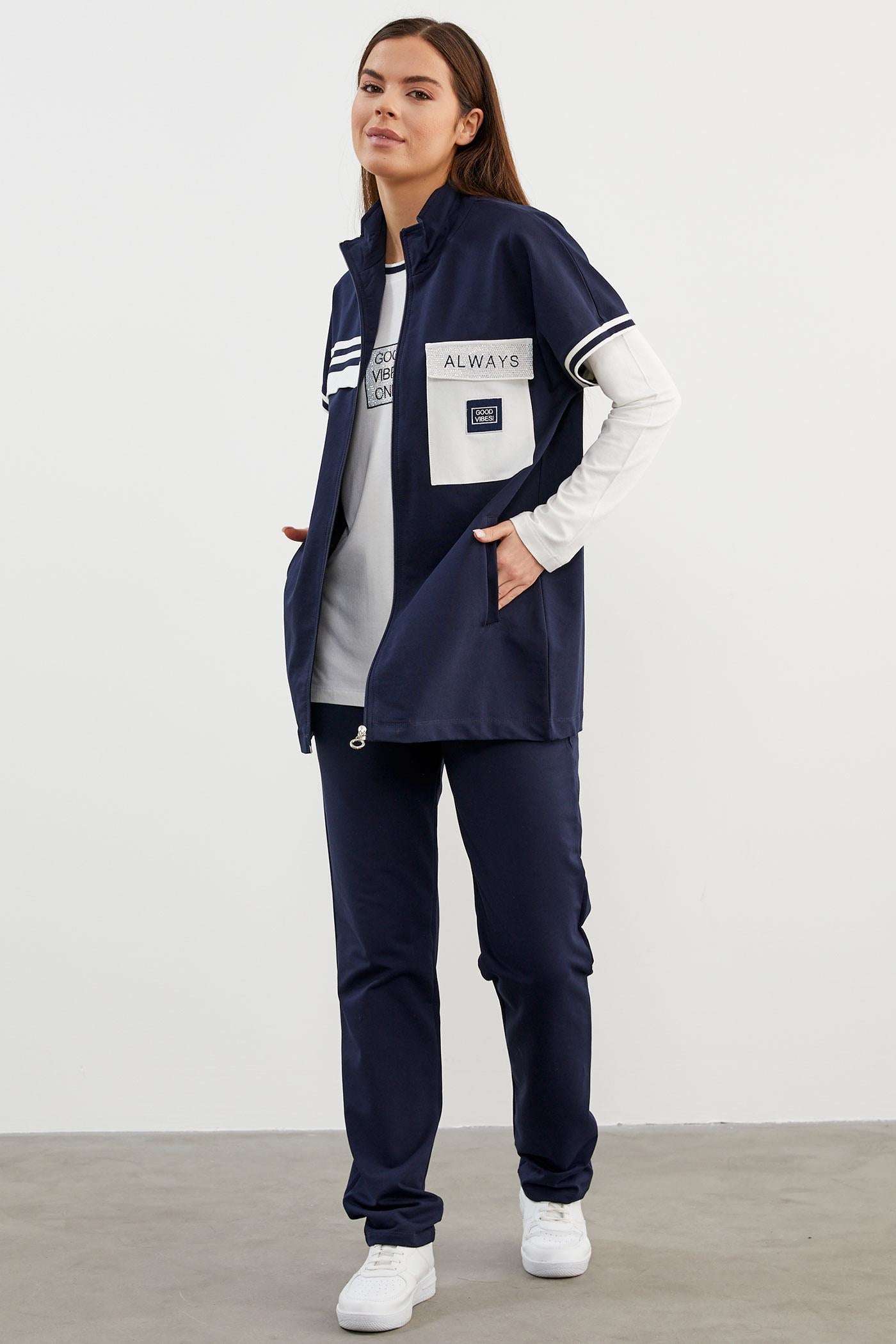 Taş Detaylı Geniş Kalıp Üçlü Eşofman Takım - Lacivert (2) Sementa