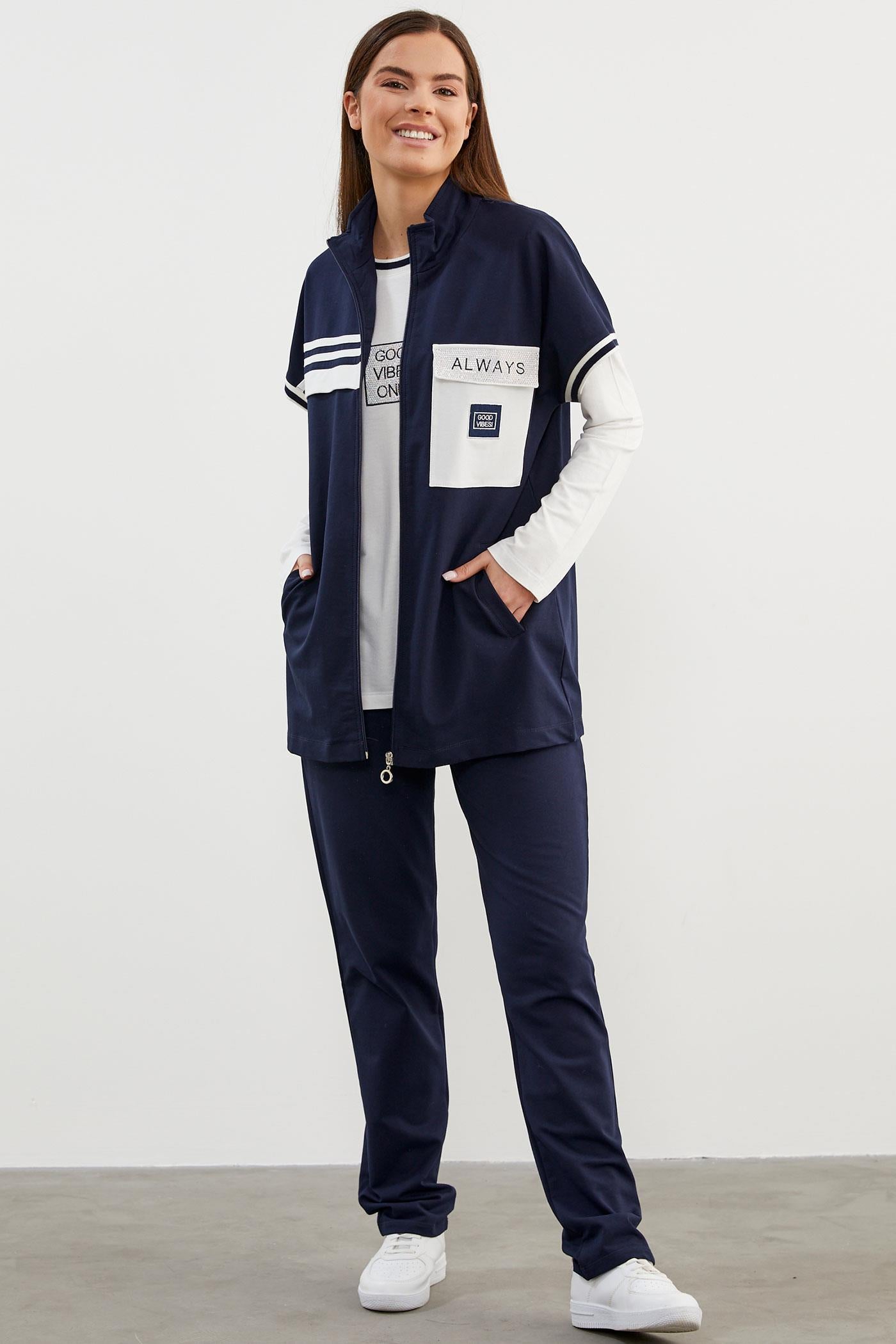 Taş Detaylı Geniş Kalıp Üçlü Eşofman Takım - Lacivert (3) Sementa