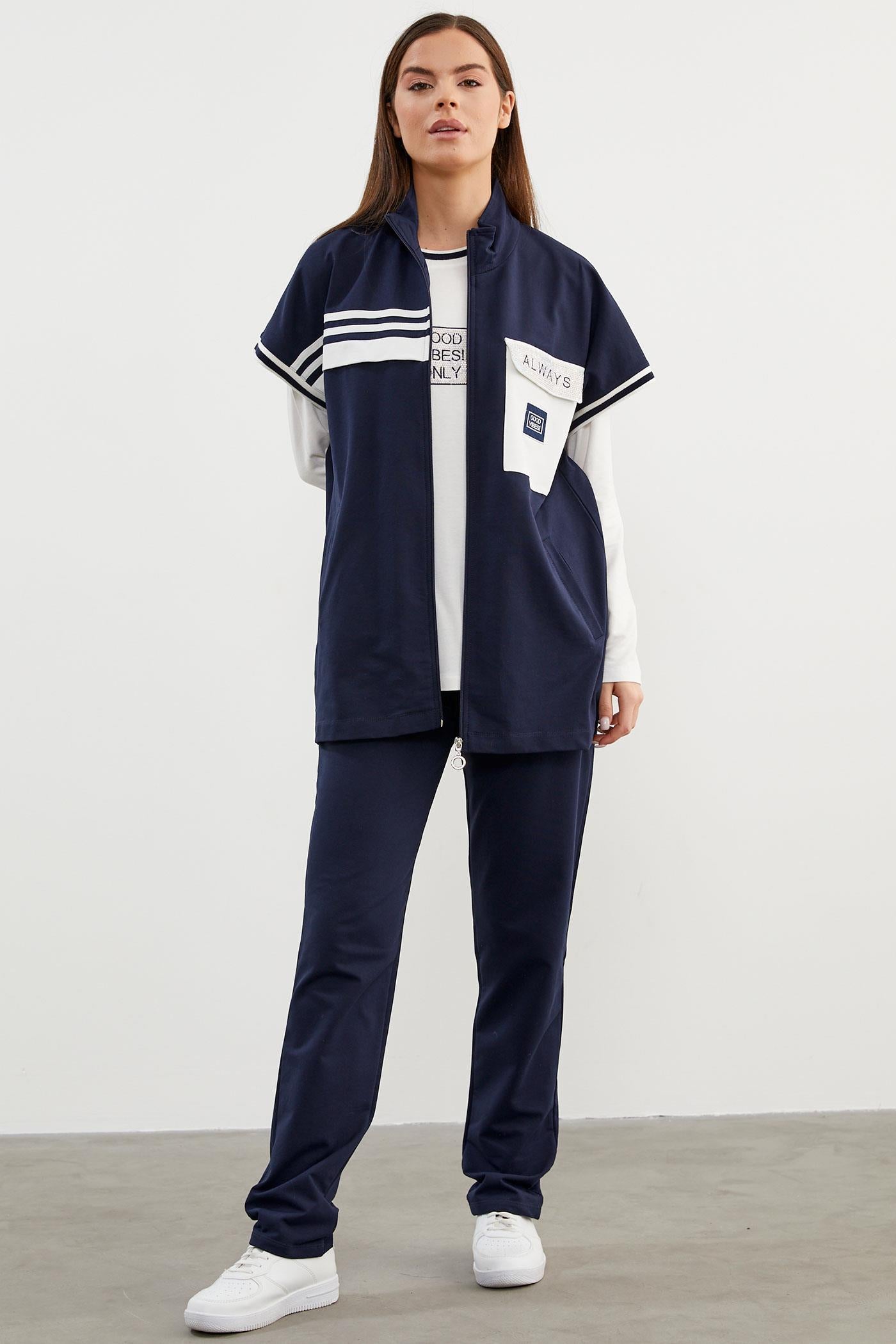 Taş Detaylı Geniş Kalıp Üçlü Eşofman Takım - Lacivert (4) Sementa